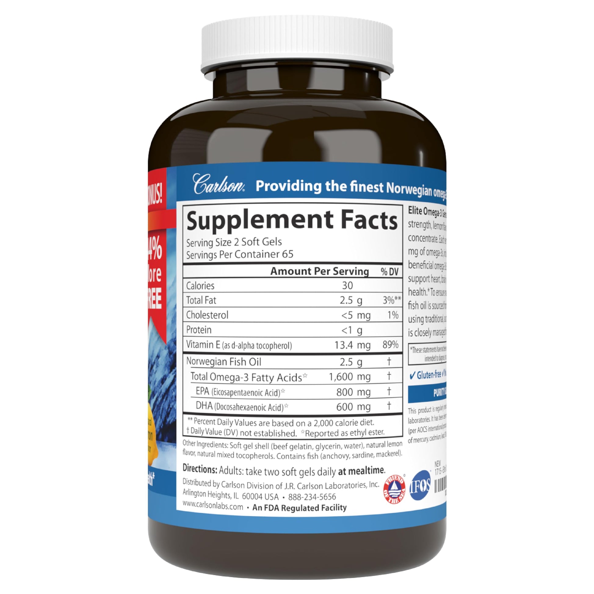 Carlson - Elite Omega-3 Gems, 1600 mg Omega-3 Fatty Acids Including EPA and DHA, Norwegian, Wild-Caught Fish Oil Supplement, Sustainably Sourced Omega 3 Fish Oil Capsules, Lemon, 130 Softgels - Medaid International