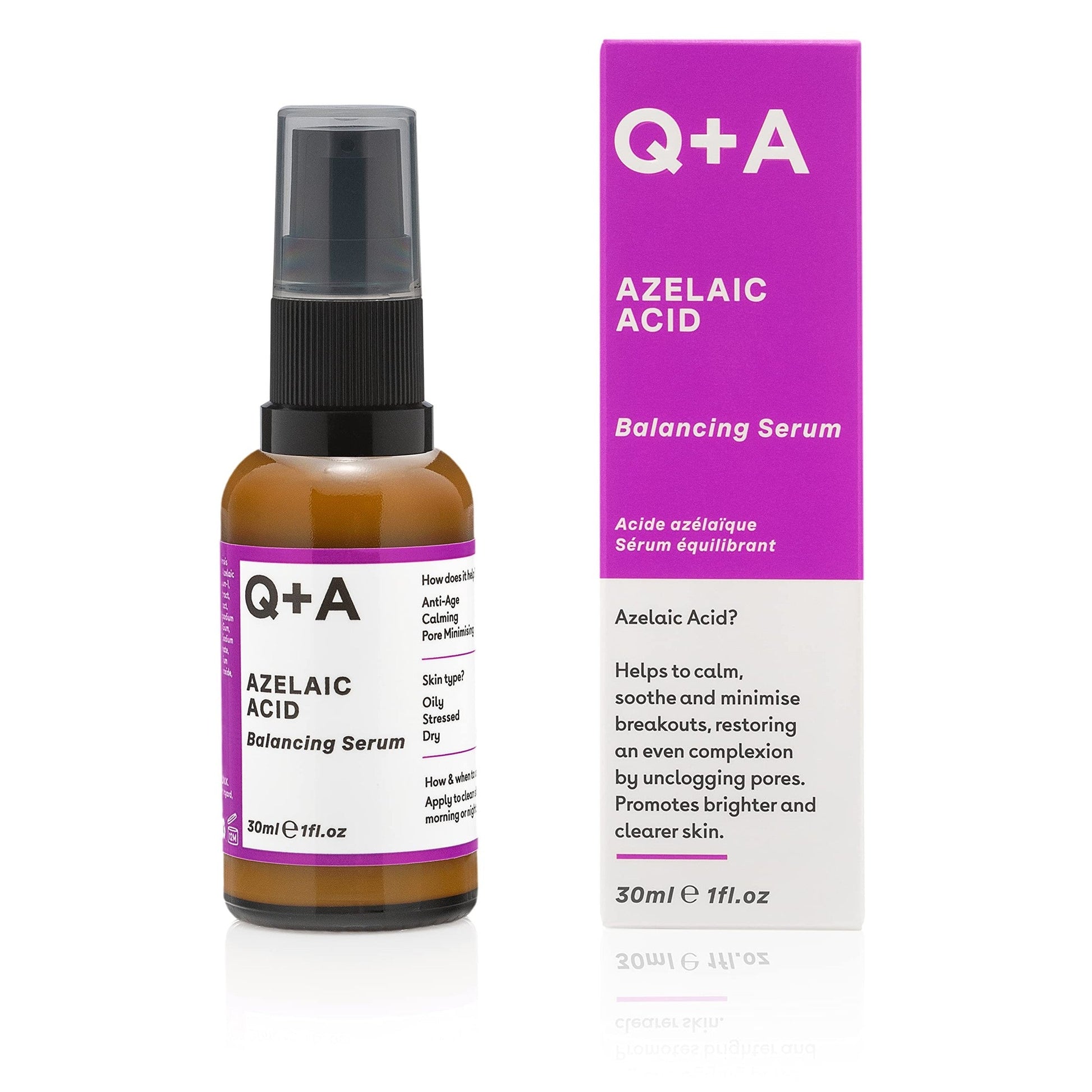 Q+A Azelaic Acid Balancing Serum (30ml), Natural Face Serum with Zinc PCA and Antioxidant Super Grains, Fragrance Free Skincare, Calms Blemishes and Smoothes Skin - Medaid International