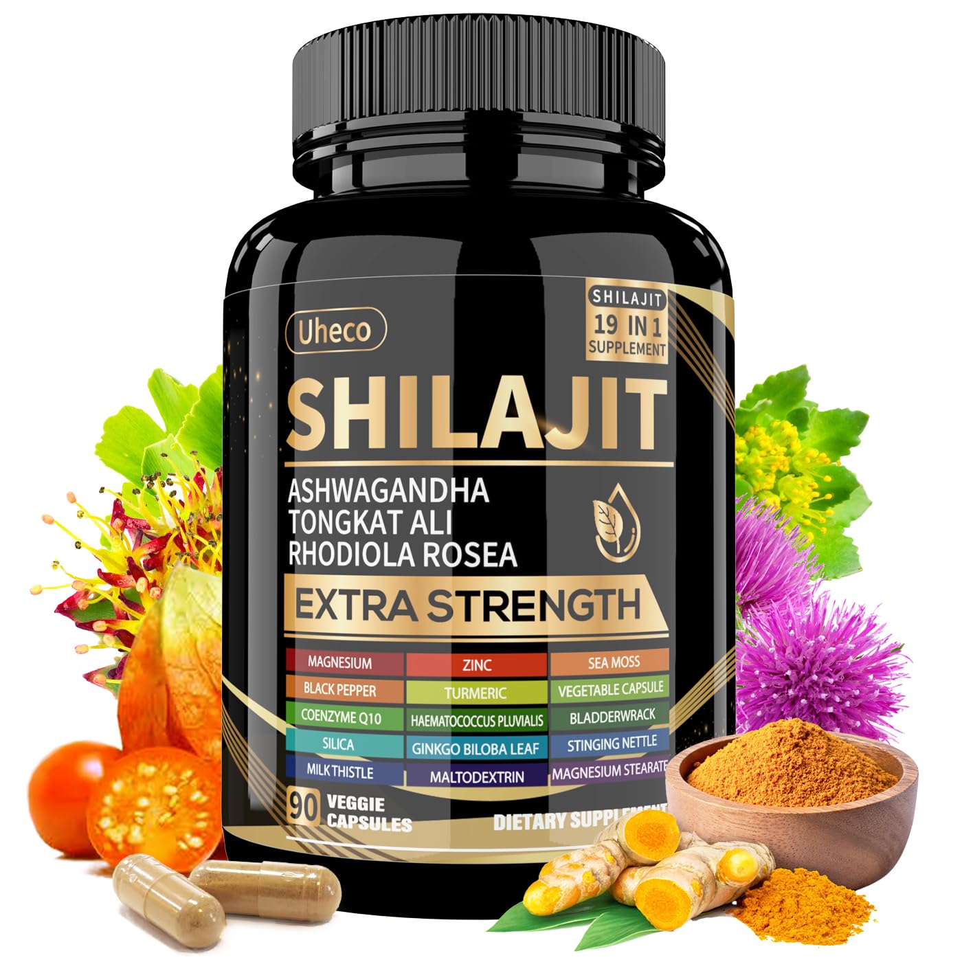 Uheco Shilajit Supplement with Sea Moss, Ashwagandha, Tongkat Ali - Shilajit Pure Himalayan Organic Fulvic Acid Capsules - 90 Count - Medaid International