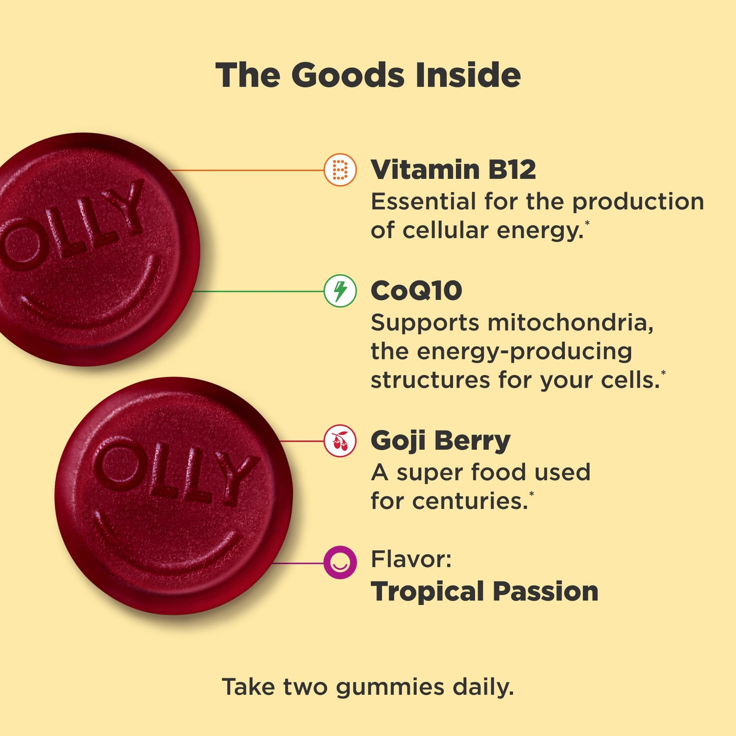 OLLY Daily Energy Gummy, Caffeine Free, Vitamin B12, CoQ10, Goji Berry, Adult Chewable Supplement, Tropical Flavor - 60 Count - Medaid International