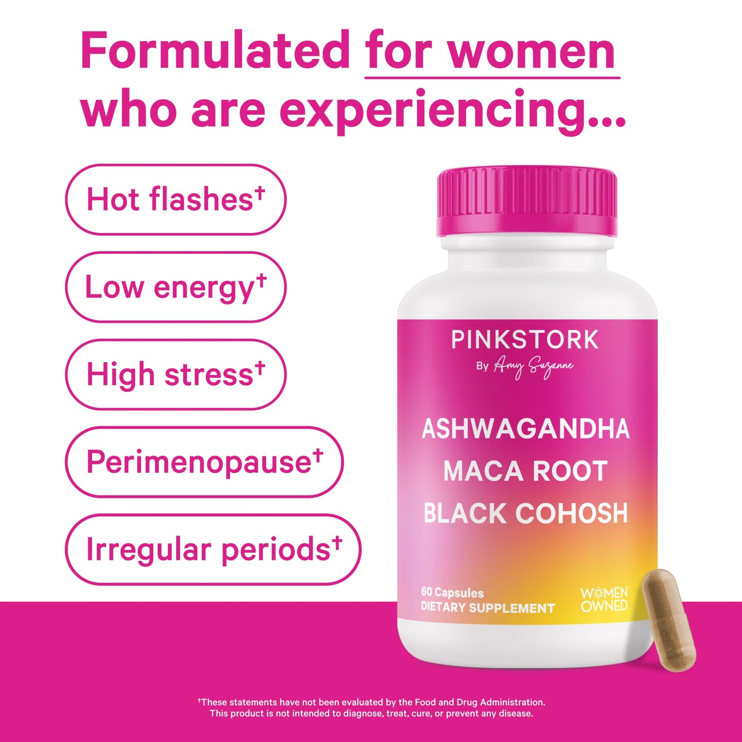 Pink Stork Ashwagandha, Maca Root & Black Cohosh Natural Perimenopause & Hormone Balance Supplement for Women – Mood, Stress, Adrenal, & Cortisol Support - 60 Capsules - Medaid International