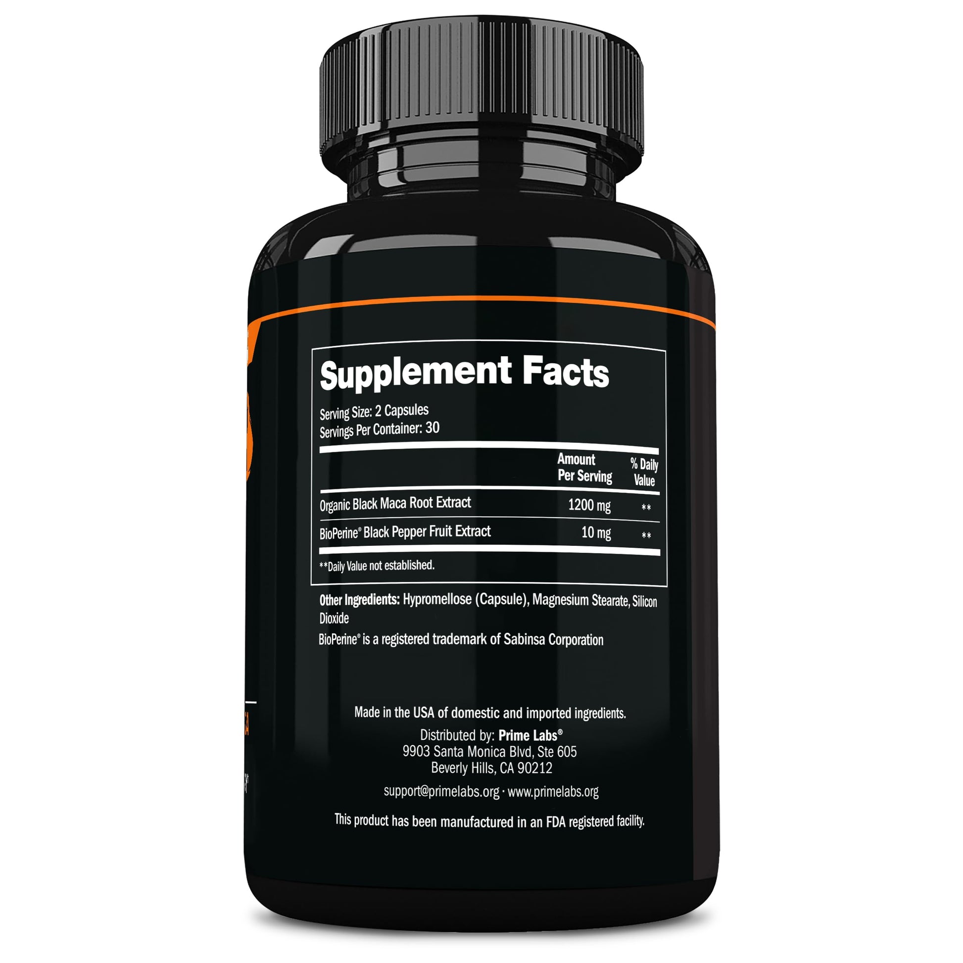 Prime Labs Organic Black Maca Root Capsules 1,200mg - Stamina, Drive, Energy, Vitality - Peruvian 20:1 Extract - for Men & Women - 60 Count - Medaid International
