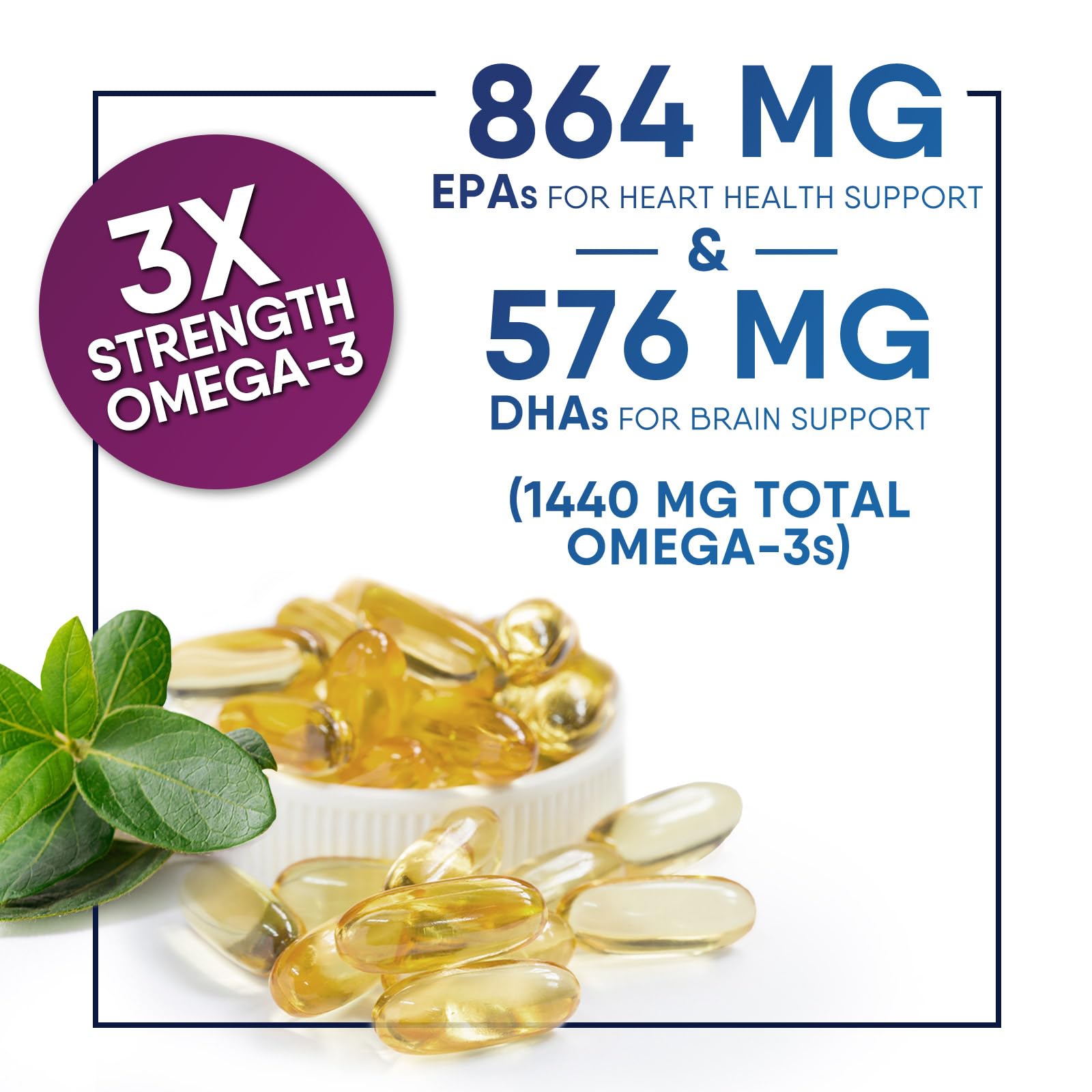 Omega 3 Fish Oil 2400 mg - Triple Strength Omega3, EPA & DHA Fatty Acids Supplement - Natural Support for Immune, Heart & Brain Health - Wild Caught, Non-GMO, Lemon Flavor, Burpless - 180 Softgels - Medaid International