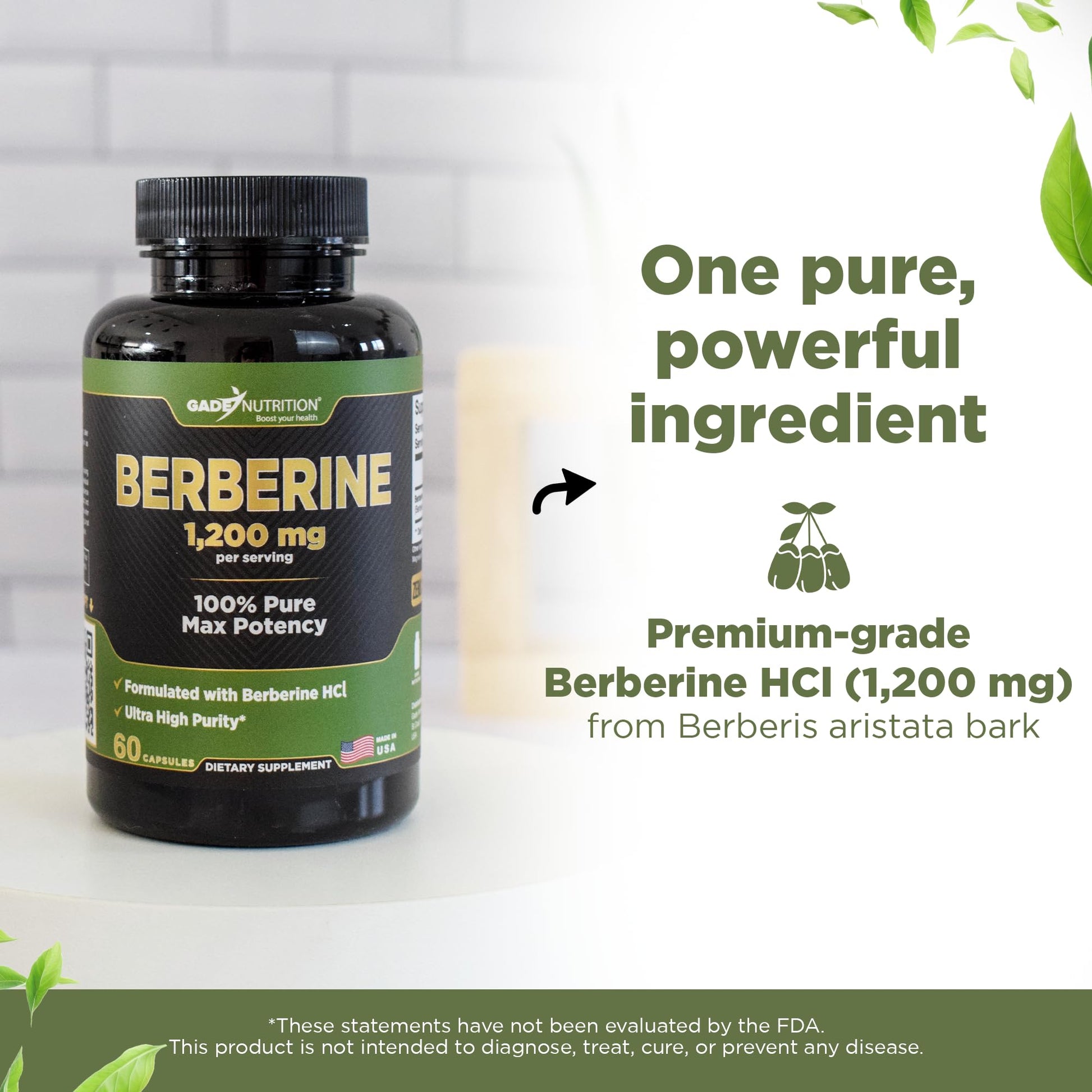 Gade Nutrition Berberine Supplement | Berberine HCI 1200mg Per Serving - Top Choice Vegetable Capsules, Gluten Free, Non-GMO, Dairy Free - Made in USA - Medaid International