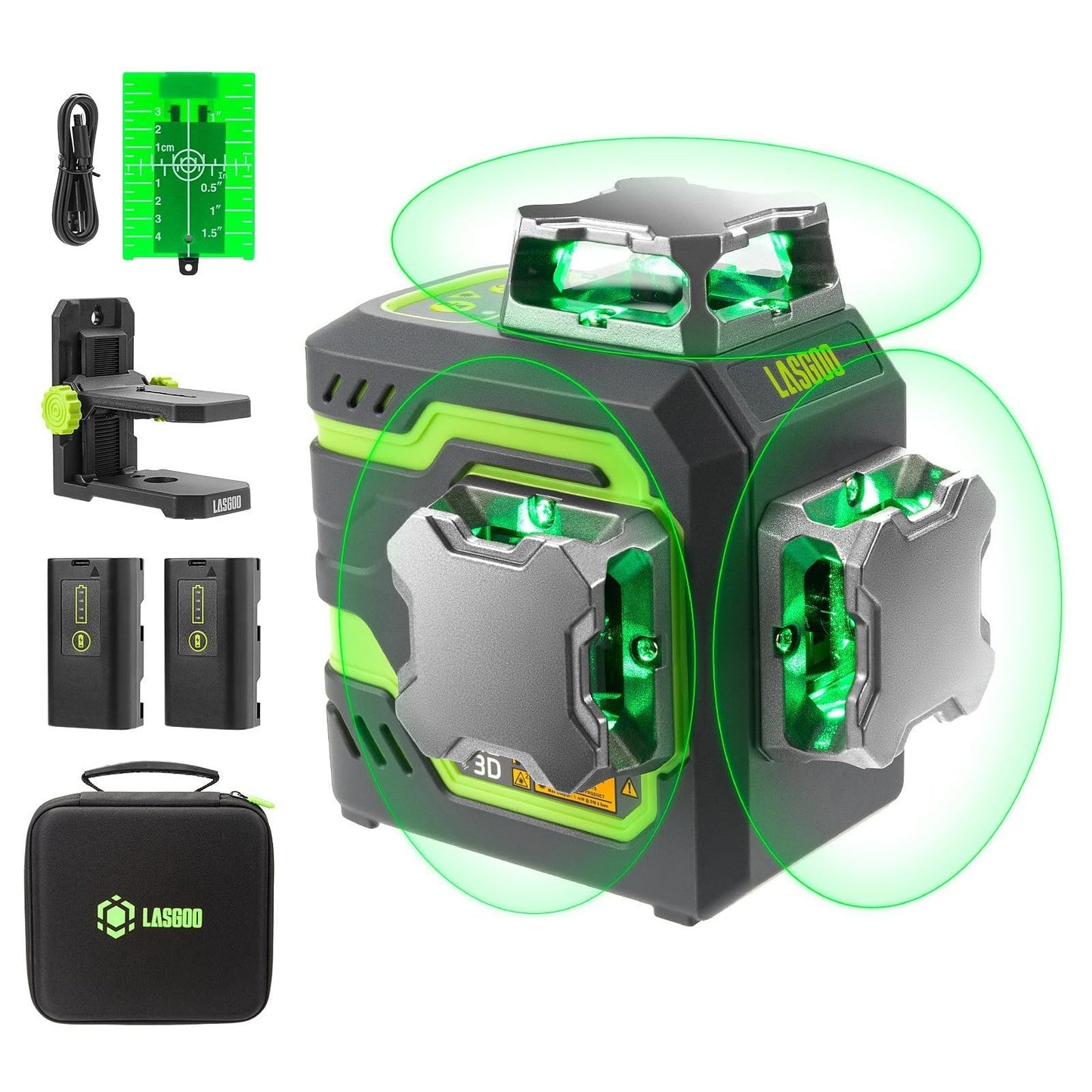 LasGoo LG-3D Laser Level Self Leveling 3x360°, 3D Green Beam Cross Line Laser for Construction and Picture Hanging, 2 Rechargeable Batteries (20 Hrs), Magnetic Liftable Stand Included, Green - Medaid International