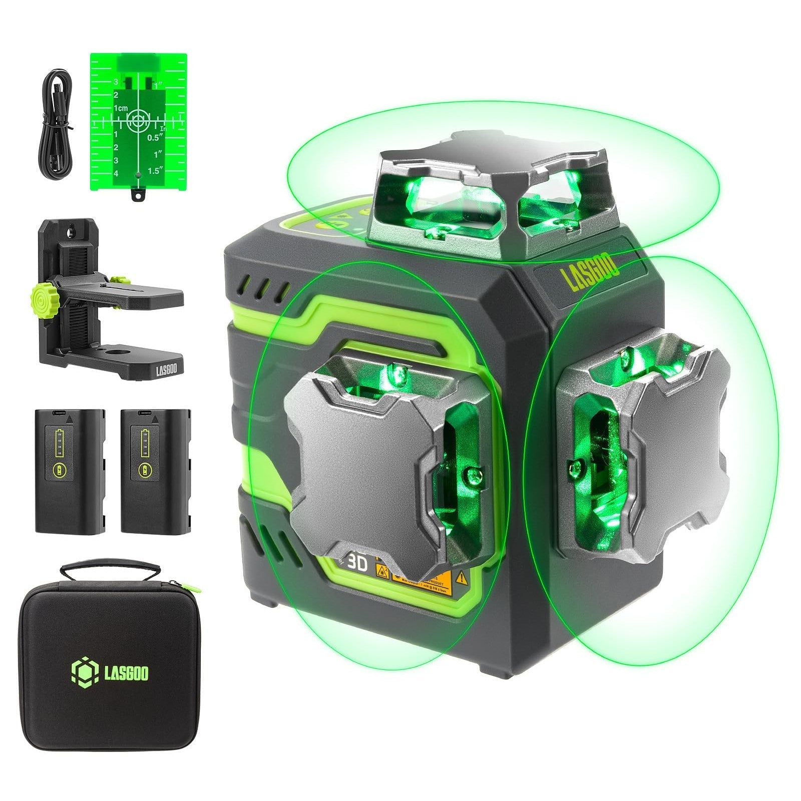 LasGoo LG-3D Laser Level Self Leveling 3x360°, 3D Green Beam Cross Line Laser for Construction and Picture Hanging, 2 Rechargeable Batteries (20 Hrs), Magnetic Liftable Stand Included, Green - Medaid International