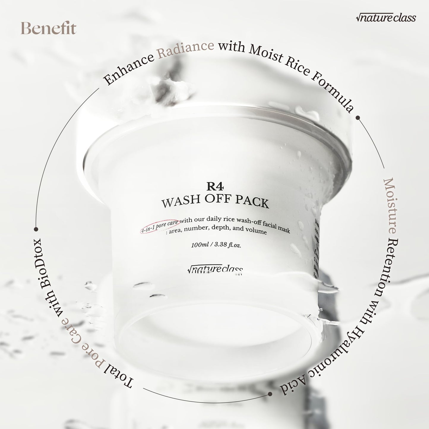 NATURECLASS R4 Rice Wash Off Facial Mask – 4-in-1 Korean Skin Care, Pore Refining, Gentle Exfoliating, Hydrating, Smooth Texture, Rice Ferment & Enzyme, Soft Cream Wash-Off, 3.38 fl oz - Medaid International