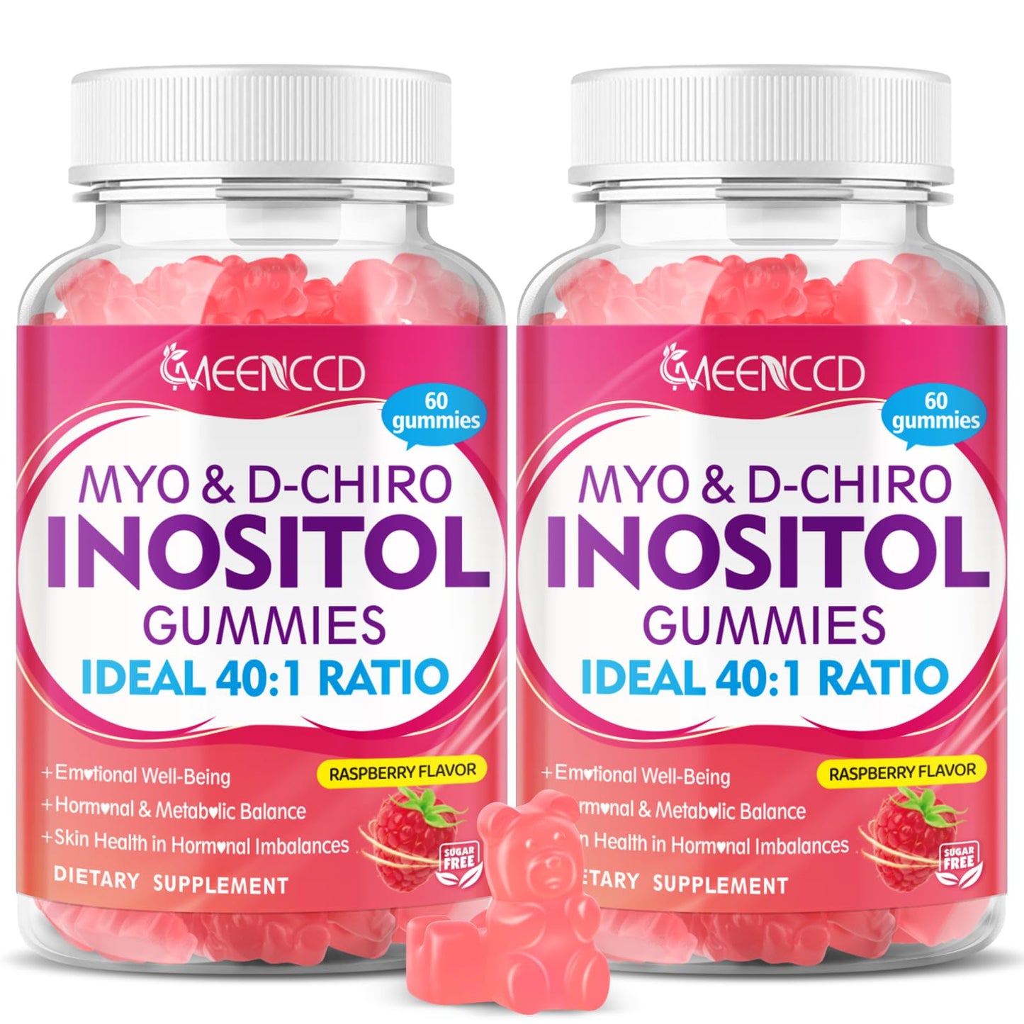 2 Pack Myo-Inositol & D-Chiro Inositol Gummies, 40:1 Ratio Inositol with Vitamin D3, Magnesium Glycinate, Folate & Zinc, Inositol Supplement for Female Health & Wellness, Raspberry Flavor, 120 Count - Medaid International