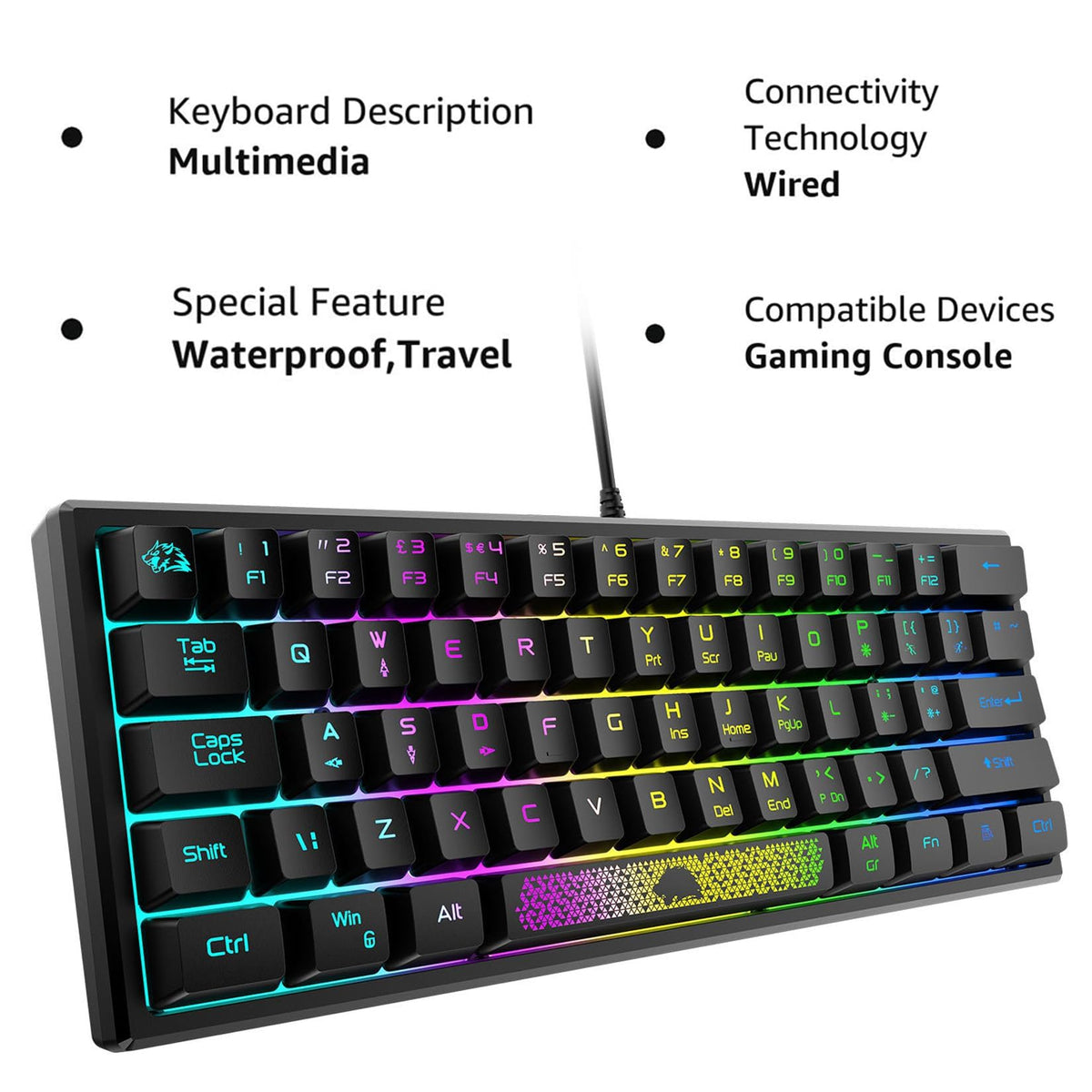 KASTWAVE 60% Wired Gaming Keyboard, RGB Backlit Ultra-Compact Mini Keyboard, Portable 62 Keys Keyboard, Waterproof Percent Mechanical Feeling Keyboard for PC/Mac Gamer, Typist, Travel (Black)