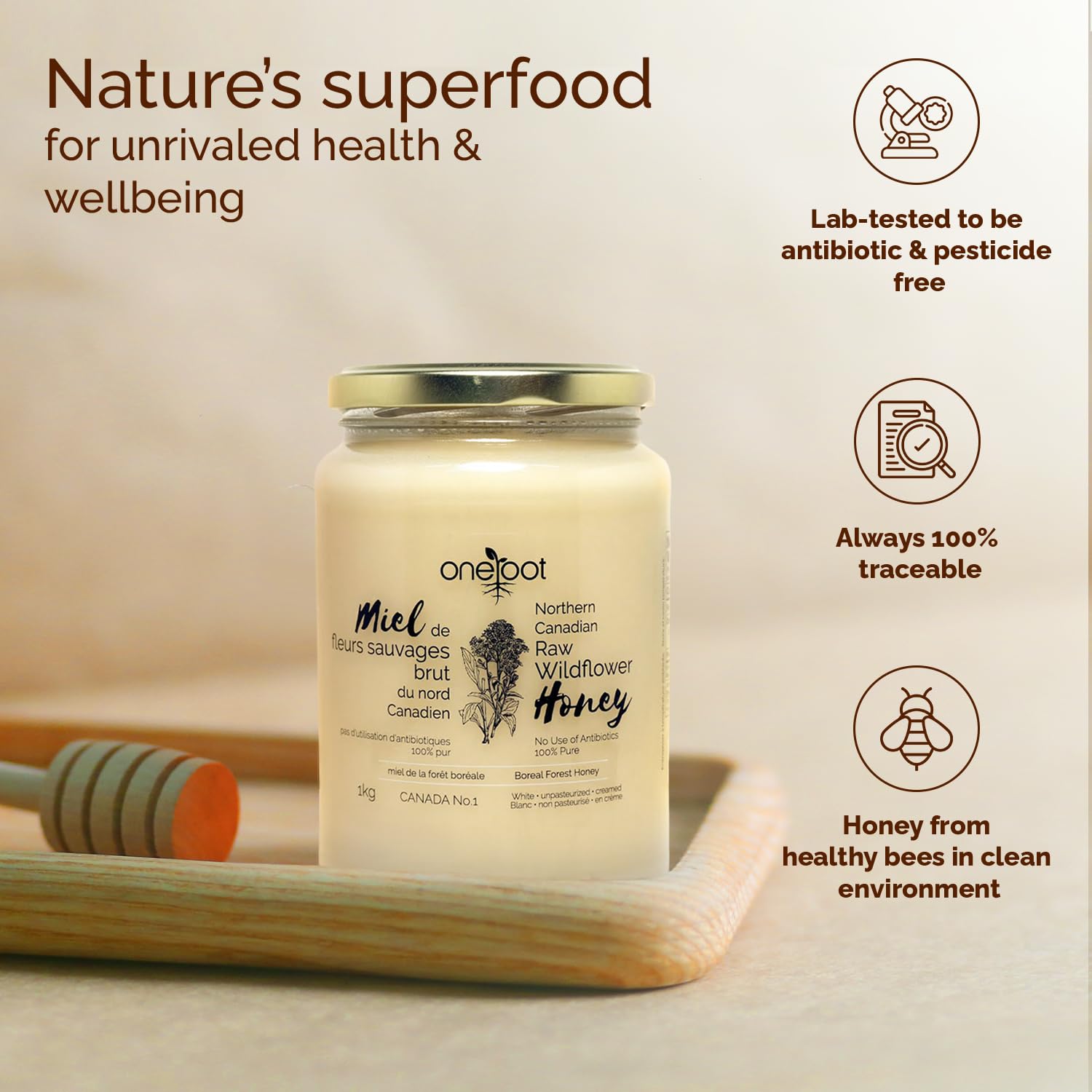 Oneroot 100% Canadian Wildflower Honey - 1kg / 2.2lbs, Unheated & Creamed - Nutrient-Rich, Natural Sweetener with Enzymes - Thick & Pure Raw Unfiltered Honey - Medaid International