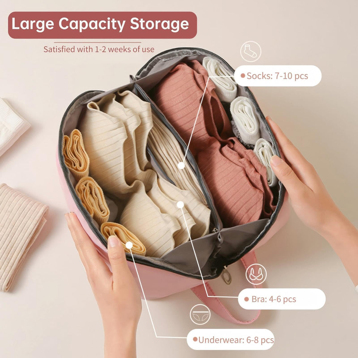 TERRIFI Travel Underwear Organizer Bag, Portable Bra and Lingerie Storage Pouch with Liner, Large Packing Cube for Underwear, Socks, Cosmetic, and More - Ideal for Travel and Home Use (Pink)