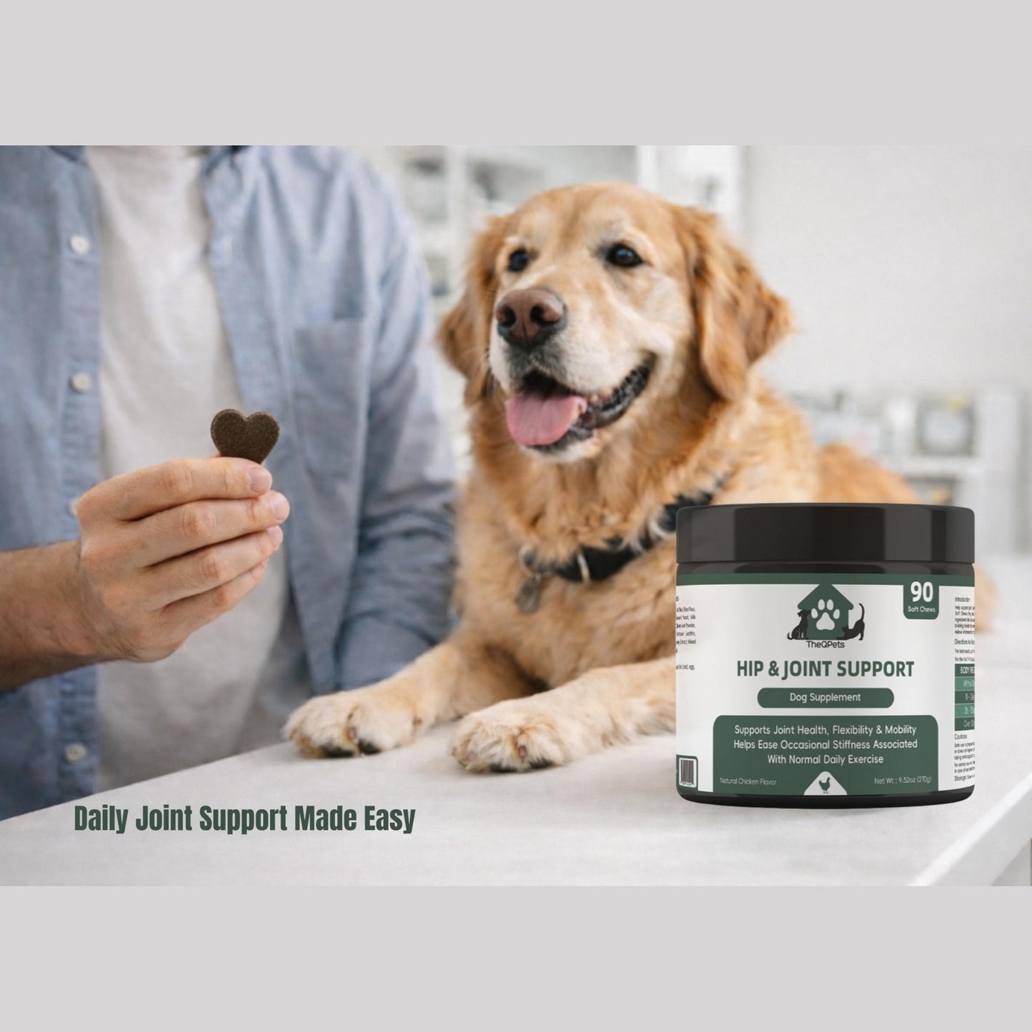 TheQPets Hip & Joint Support for Dogs, 90 Soft Chews – Glucosamine, MSM, Chondroitin, Turmeric, Green‑Lipped Mussel & Collagen – Supports Joint Health, Flexibility & Mobility – Chicken Flavor