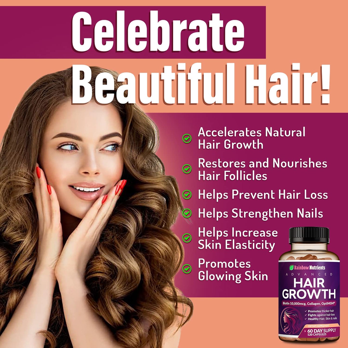 Hair Growth Vitamins for Women | Biotin 10,000mcg, Collagen, Patented OptiMSM®, goMCT®, Saw Palmetto | Naturally Regrow Stronger & Healthier Hair, Skin and Nails | Stops Hair Loss | 60 Day Supply - Medaid International