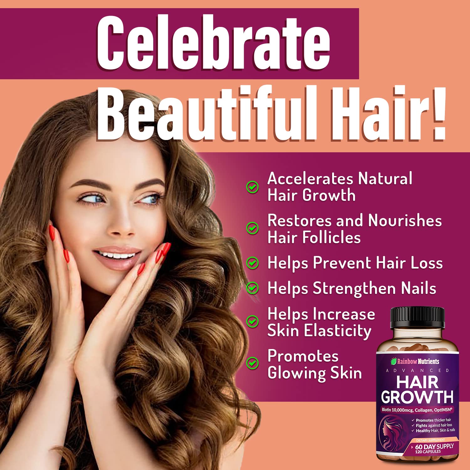 Hair Growth Vitamins for Women | Biotin 10,000mcg, Collagen, Patented OptiMSM®, goMCT®, Saw Palmetto | Naturally Regrow Stronger & Healthier Hair, Skin and Nails | Stops Hair Loss | 60 Day Supply - Medaid International
