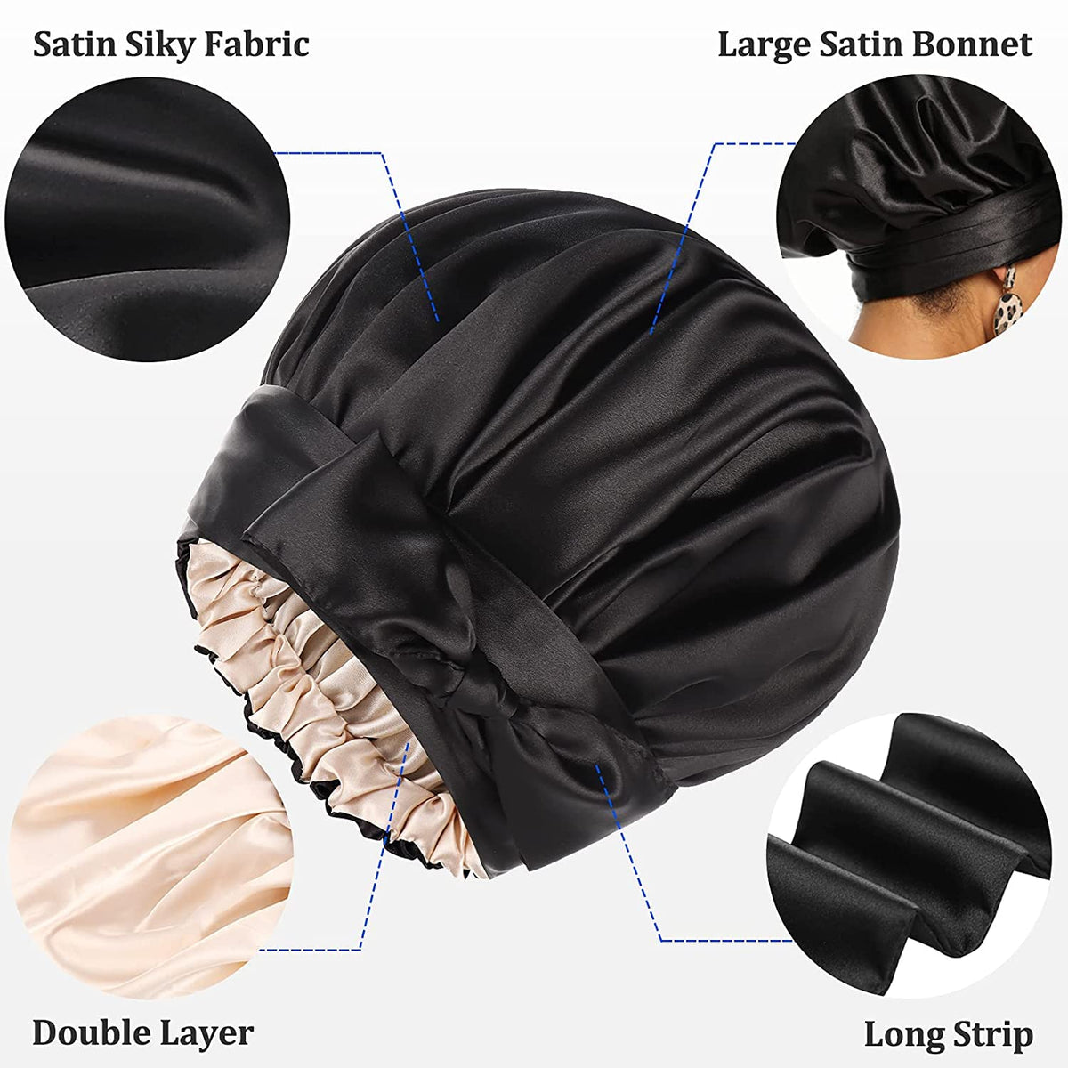Satin Bonnet for Black Women, KASTWAVE Jumbo Silk Bonnet for Curly Hair, Silk Hair Wrap for Sleeping, Satin Bonnet with Stretchy Tie Band, Silk Bonnet for Curly Hair Wraps for Sleeping (Black)