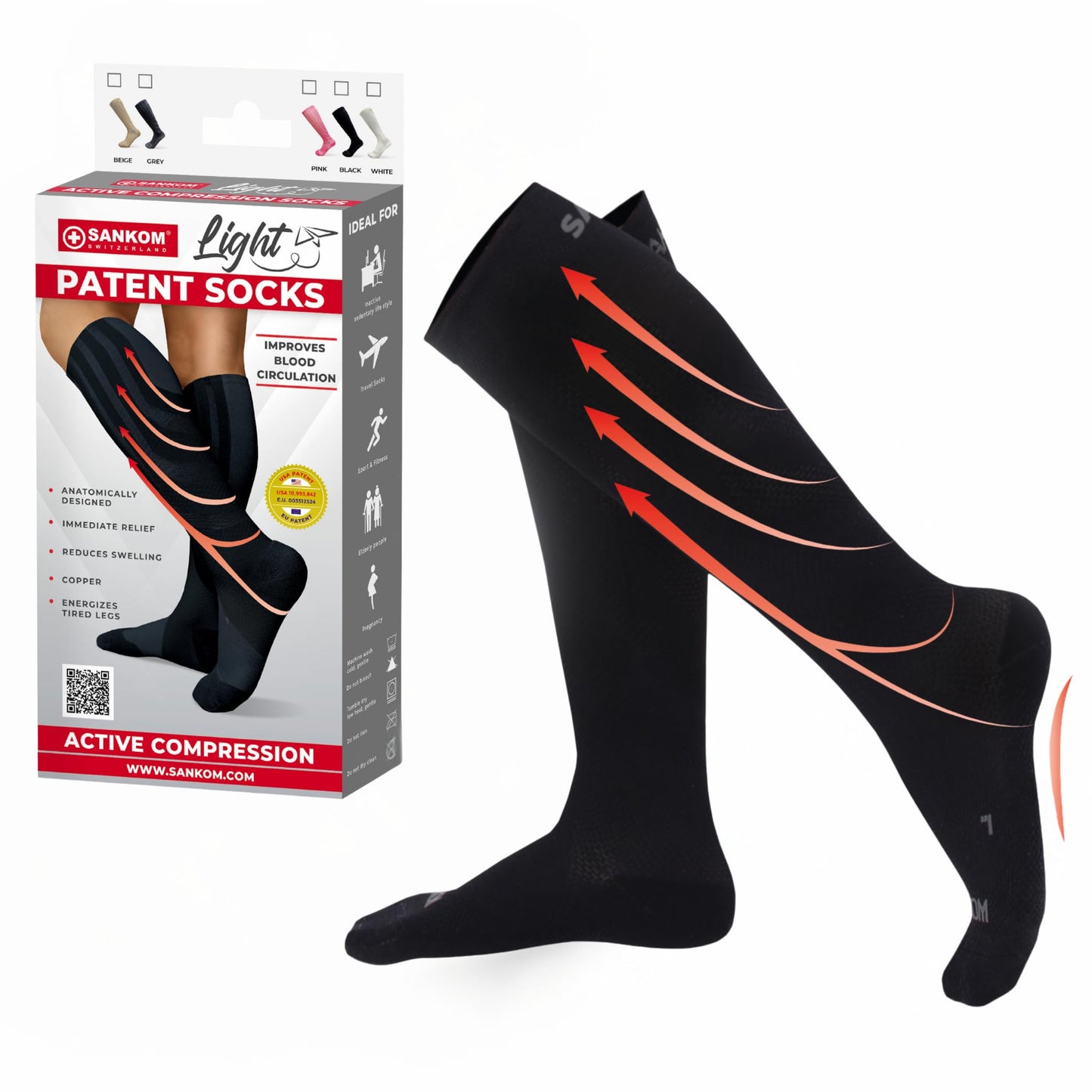 SANKOM Compression Socks for Women - Swiss Designed Patented 4-Step Active Graduated Compression Socks for Travel and Flight - Suitable Socks for Pregnant Women & Nurses - Best for Everyday Wear (Black, S/M) - Medaid International