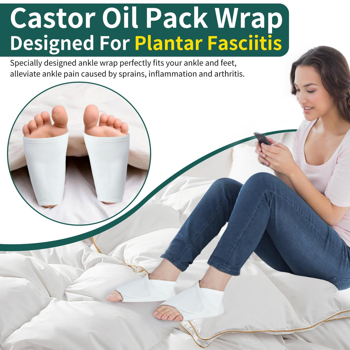 TERRIFI 2Pcs Castor Oil Pack Wrap for Ankle, Adjustable Ankle Wrap for Plantar Fasciitis Relief, Washable Reusable Plantar Fasciitis Brace Castor Oil Compress Pads for Women & Men Ankle Support, White