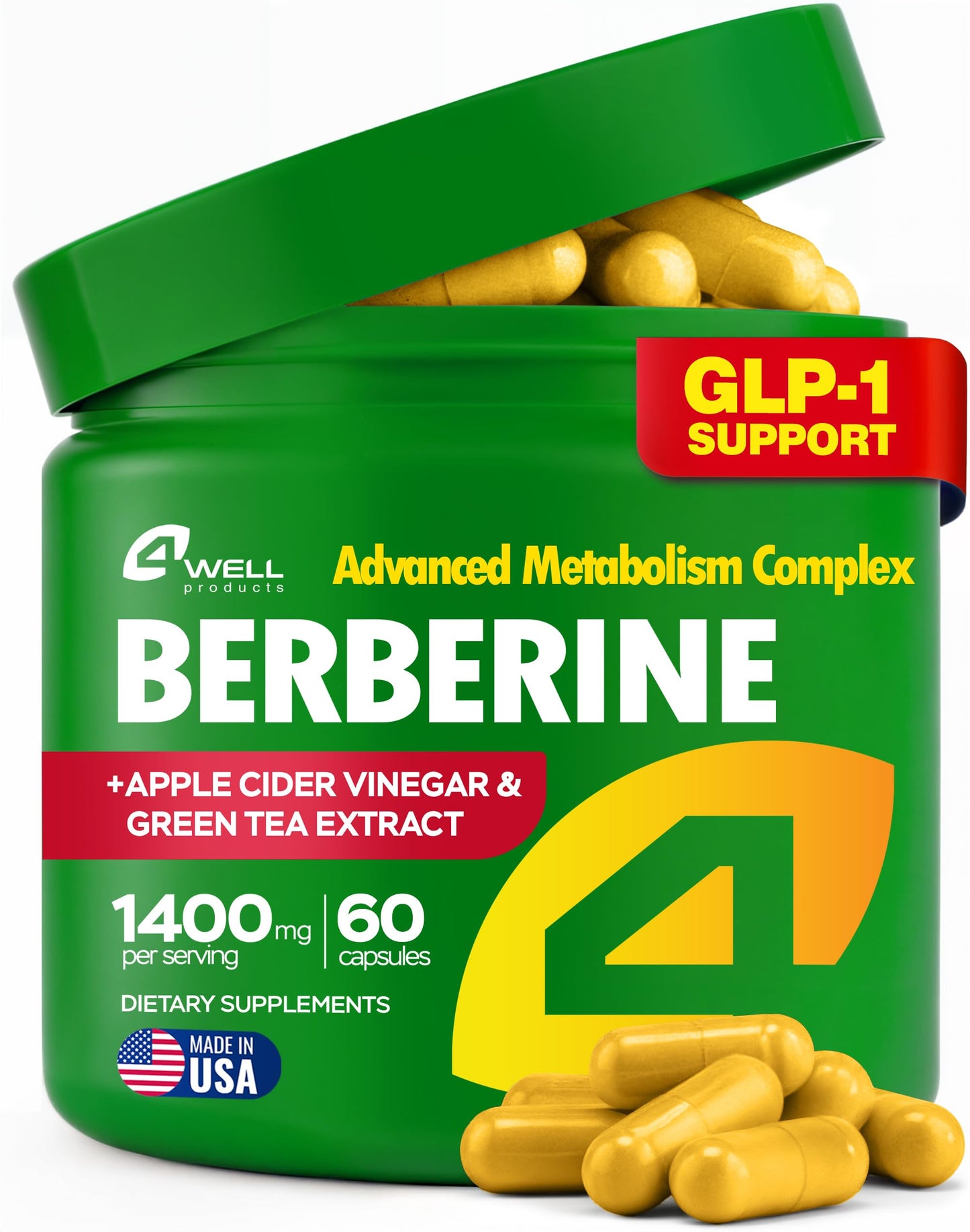 Berberine HCL Supplement - Triple Strength GLP-1 Activator with Apple Cider Vinegar & Green Tea Extract - Body Composition Support, Digestive Health, Support Heart Health, Immune System (60 Capsules) - Medaid International