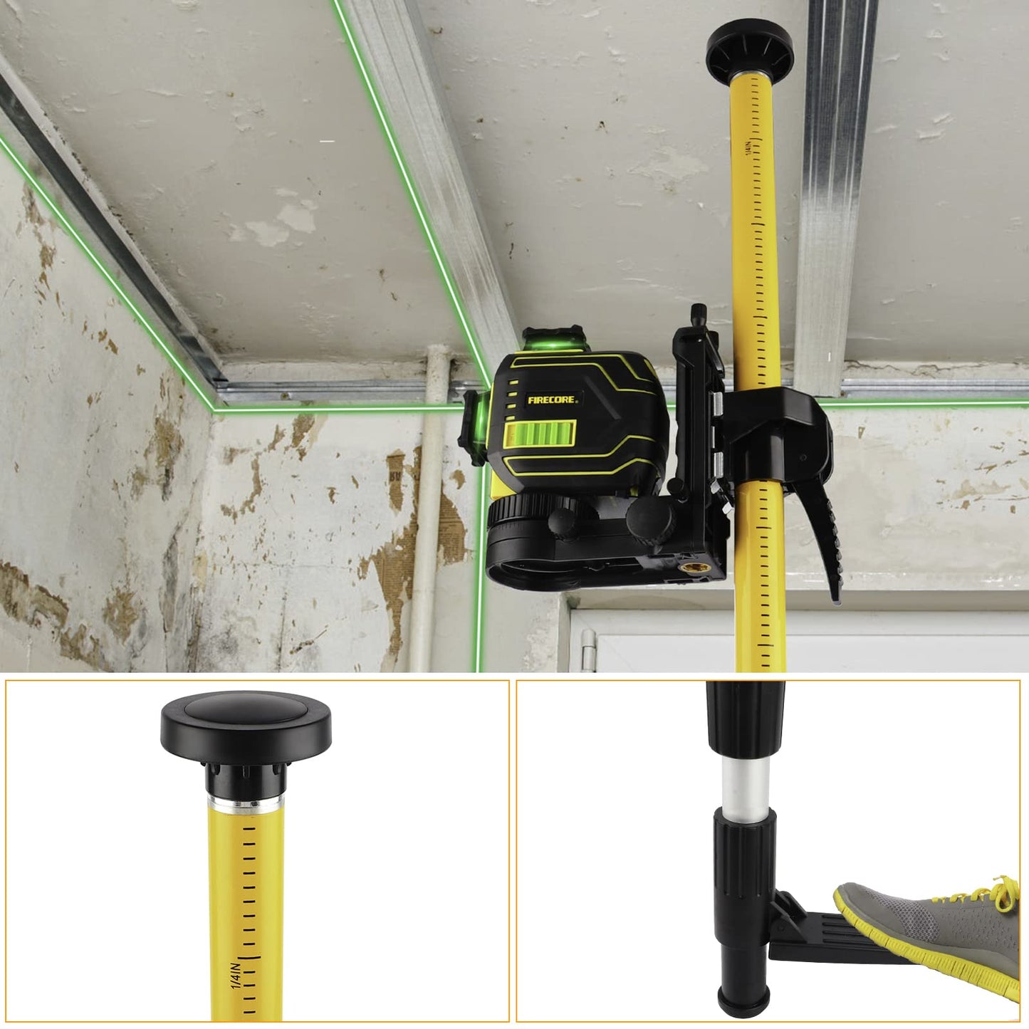 Laser Level Pole, Firecore Upgraded 12 ft. Telescoping Laser Pole with Tripod and Multifunctional Mounting Clamp, Adjustable Bracket with 1/4"-20 Laser Mount for Rotary and Line Laser Level- FLP370CX - Medaid International
