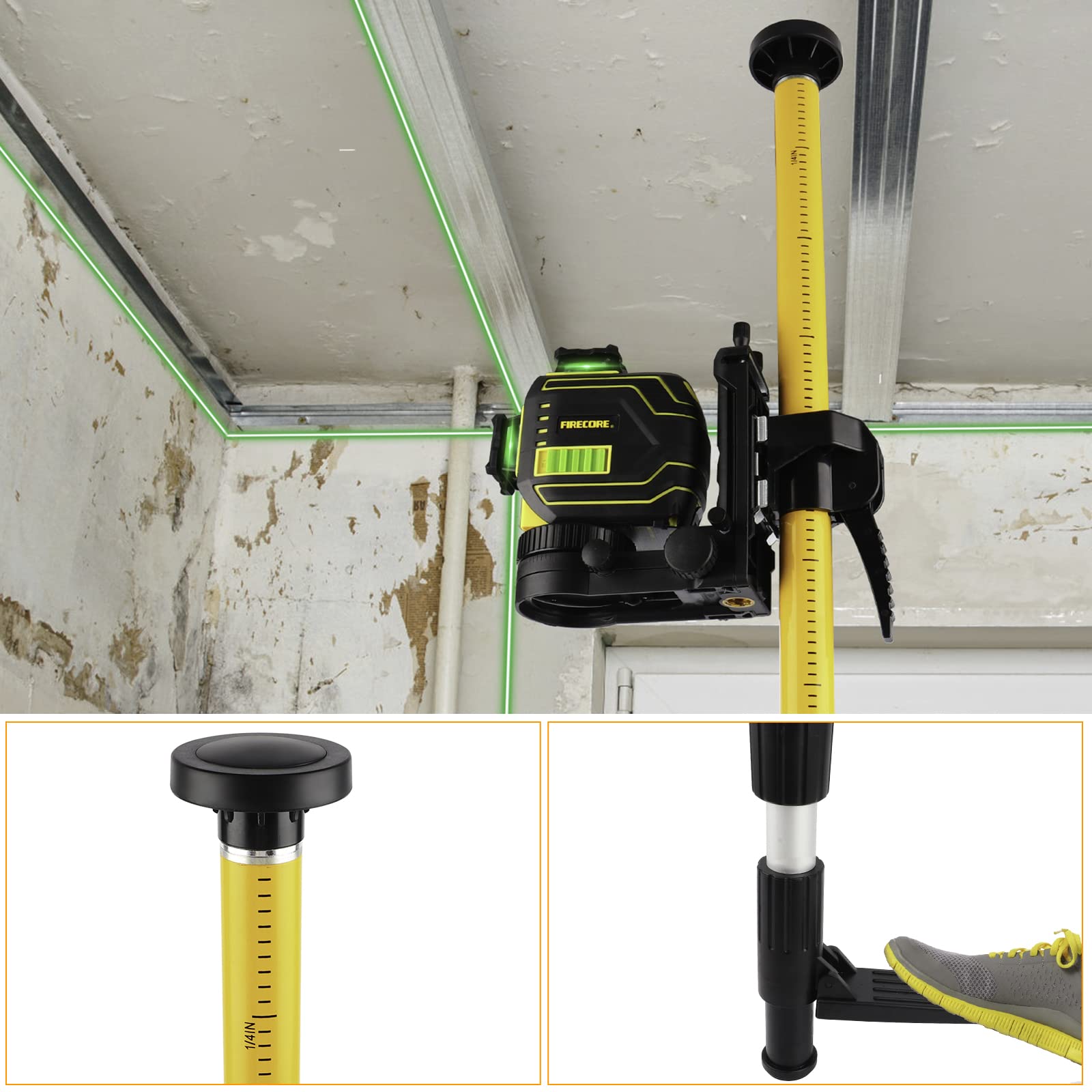 Laser Level Pole, Firecore Upgraded 12 ft. Telescoping Laser Pole with Tripod and Multifunctional Mounting Clamp, Adjustable Bracket with 1/4"-20 Laser Mount for Rotary and Line Laser Level- FLP370CX - Medaid International