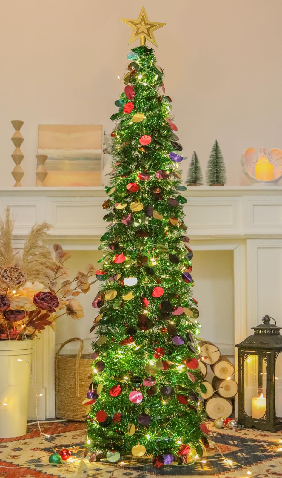 HMASYO 5 FT Pop Up Christmas Tree with Timer Lights, Green Christmas Tinsel Tree, Collapsible Artificial Pencil Christmas Tree for Indoor Home Apartment Porch Holiday Party Decorations - Medaid International