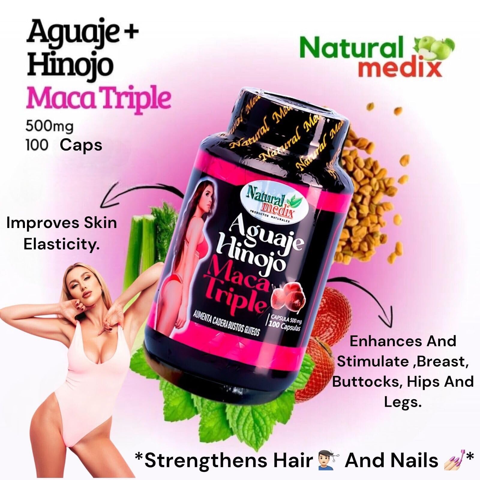 Natural medix Aguaje Hinojo Maca Triple (Maca Root Supplement) Premium 100 Capsules - Peruvian Butt and Breast Enhancement Capsules - Female Health Supplement - Curves Powerful Antioxidant - Medaid International