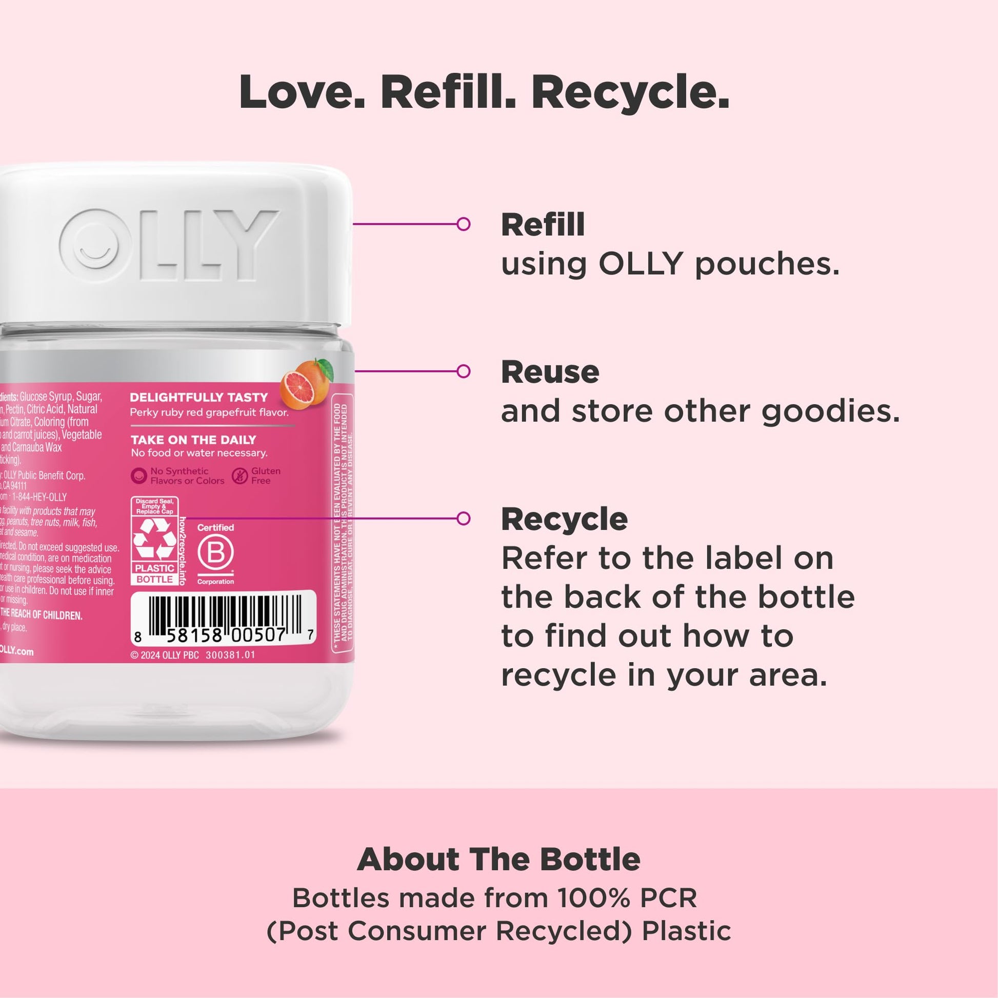 OLLY Undeniable Beauty Gummy, For Hair, Skin, Nails, Biotin, Vitamin C, Keratin, Chewable Supplement, Grapefruit, 30 Day Supply - 60 Count - Medaid International