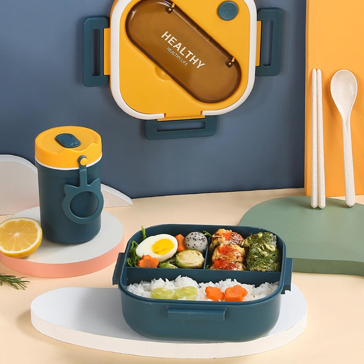TERRIFI Bento Lunch Box, Portable Bento Box with Soup Cup Chopsticks Spoon, Reusable Lunch Containers, Microwaveable, Suitable for Office Outdoor Picnic (Blue)