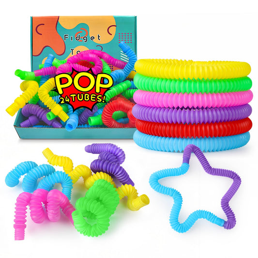 Baytion Pop Tubes Toys, 24 PCS Stretch Sensory Toys, Fidget Tubes Toys with 4 Colors Randomly, Imaginative Toddler Toys, Treasure Box Toys for Classroom, Gifts for Kids Age3+