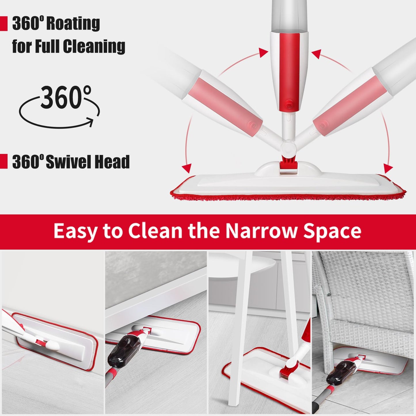 Spray Mops for Floor Cleaning Floor Mop with a Refillable Spray Bottle and 2 Washable Microfiber Pads Home or Commercial Use Dry Wet Flat Mop for Hardwood Laminate Wood (Red) - Medaid International