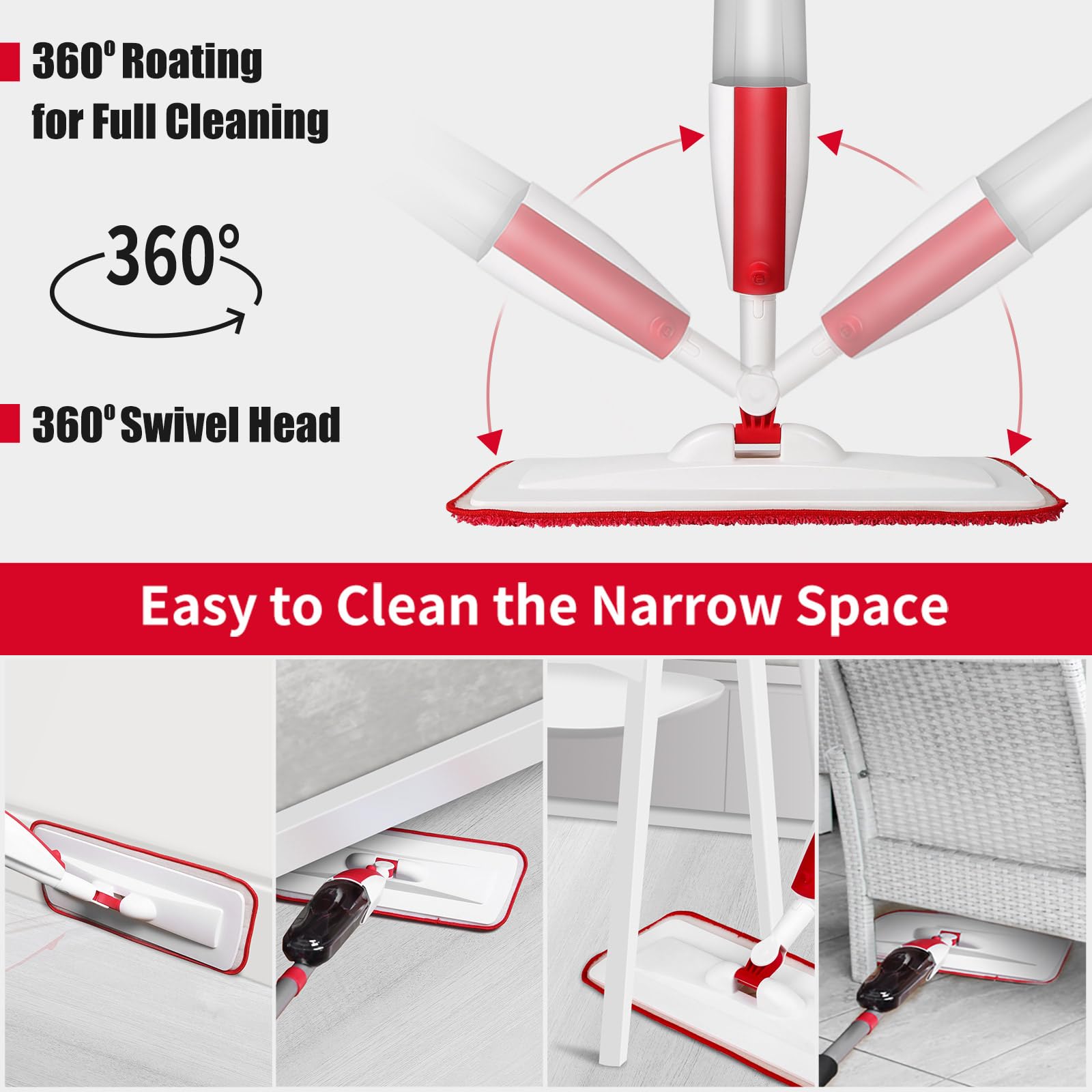 Spray Mops for Floor Cleaning Floor Mop with a Refillable Spray Bottle and 2 Washable Microfiber Pads Home or Commercial Use Dry Wet Flat Mop for Hardwood Laminate Wood (Red) - Medaid International