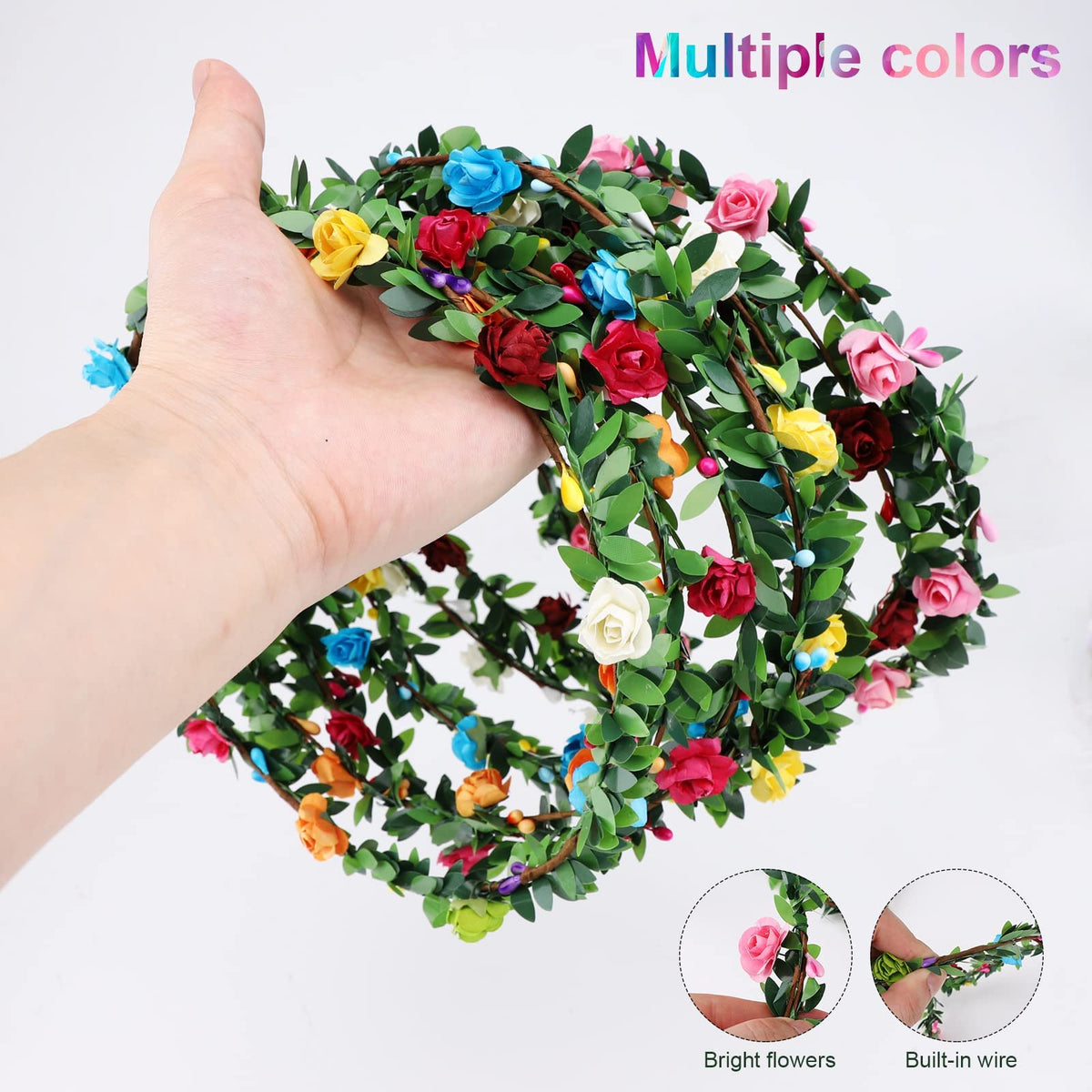 Terrifi Flower Crown, 8 Pcs Headband For Women Girls, Multicolor Floral Hair Bands Wreath, Boho Head Wreath Accessories Tiara Wedding Party Photo Props