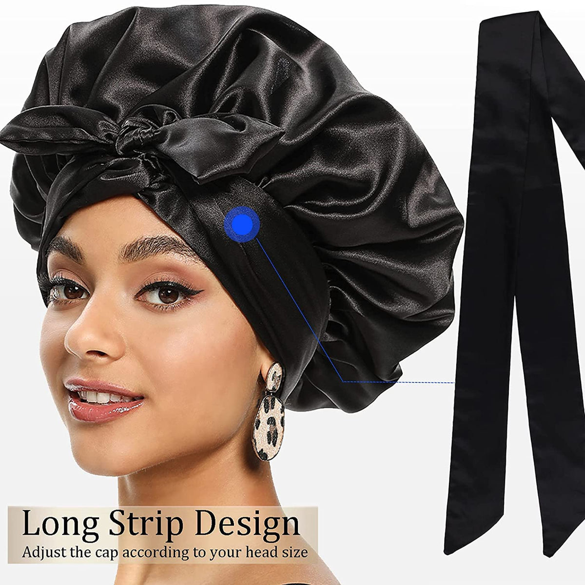 Satin Bonnet for Black Women, KASTWAVE Jumbo Silk Bonnet for Curly Hair, Silk Hair Wrap for Sleeping, Satin Bonnet with Stretchy Tie Band, Silk Bonnet for Curly Hair Wraps for Sleeping (Black)