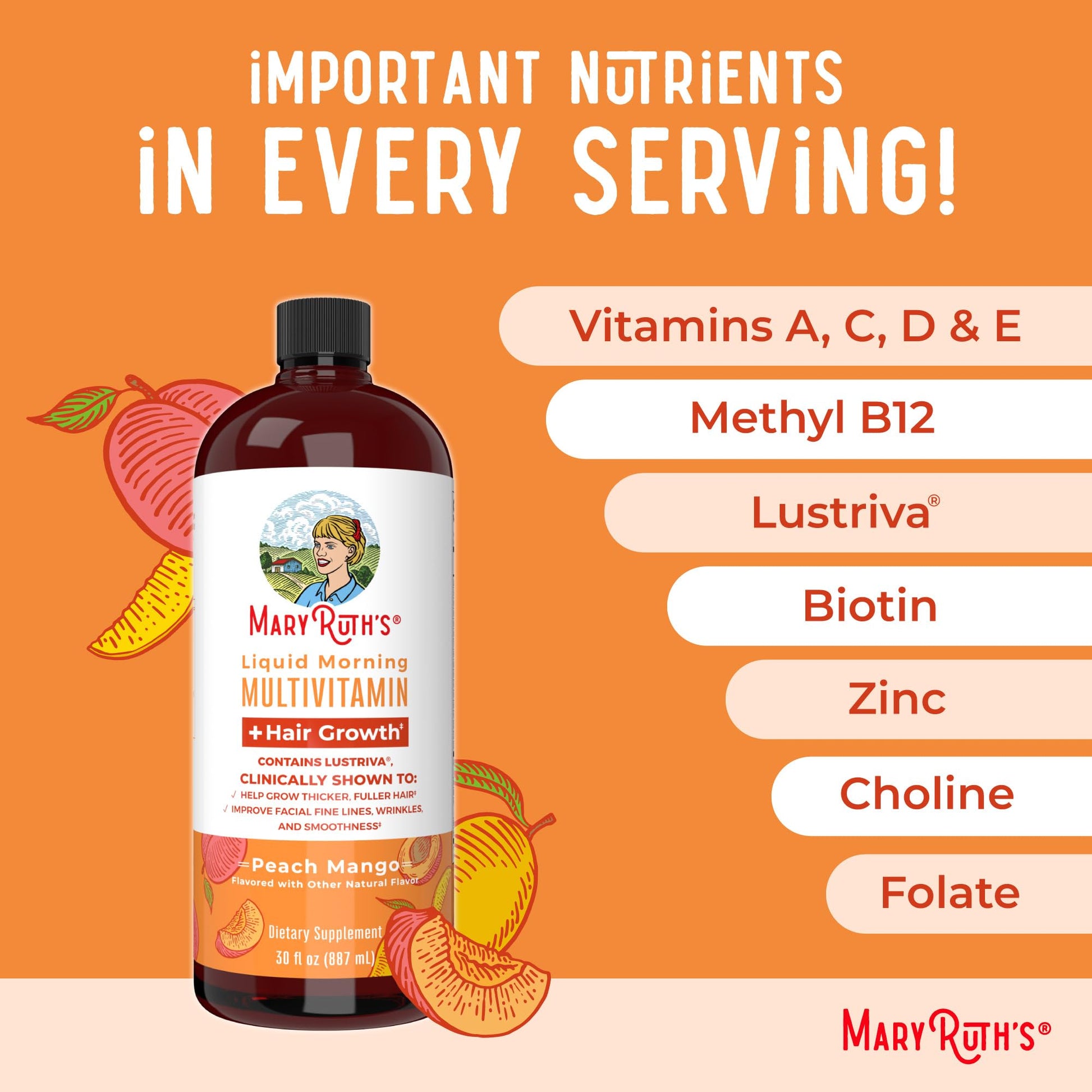MaryRuth Organics Liquid Multivitamin+Hair Growth | Clinically Tested for Thicker Hair & Facial Wrinkles in Women | Biotin 10000mcg | Lustriva Hair Growth Supplement | Skin Care | Age 18+ | 30 Fl Oz - Medaid International