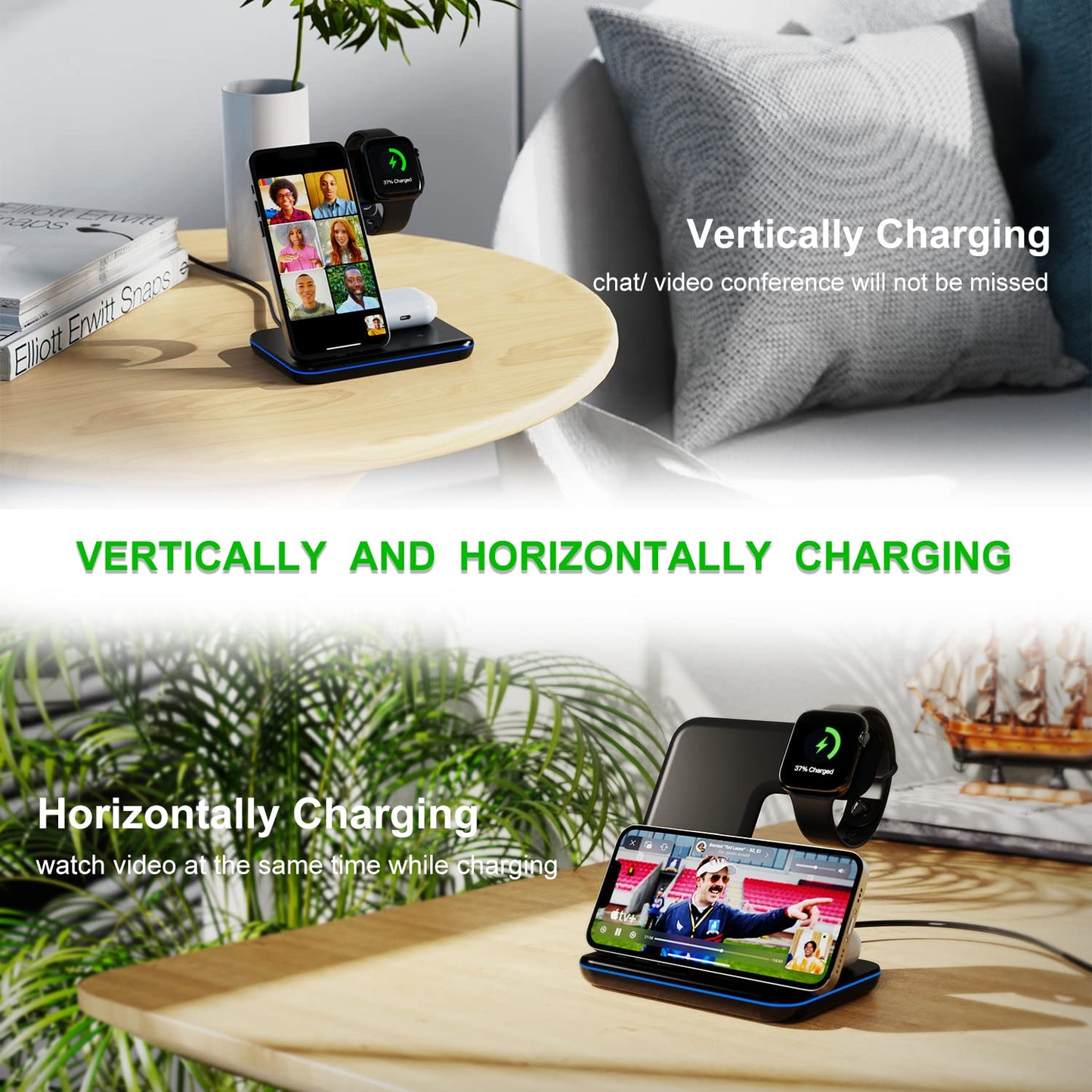 Minthouz 3 in 1 Wireless Charger, 18W Fast Wireless Charging Station for Multiple Devices Apple Watch, AirPods, Charger Stand Compatible with iPhone 15/14/13/12 Series - Black (with Adapter) - Medaid International