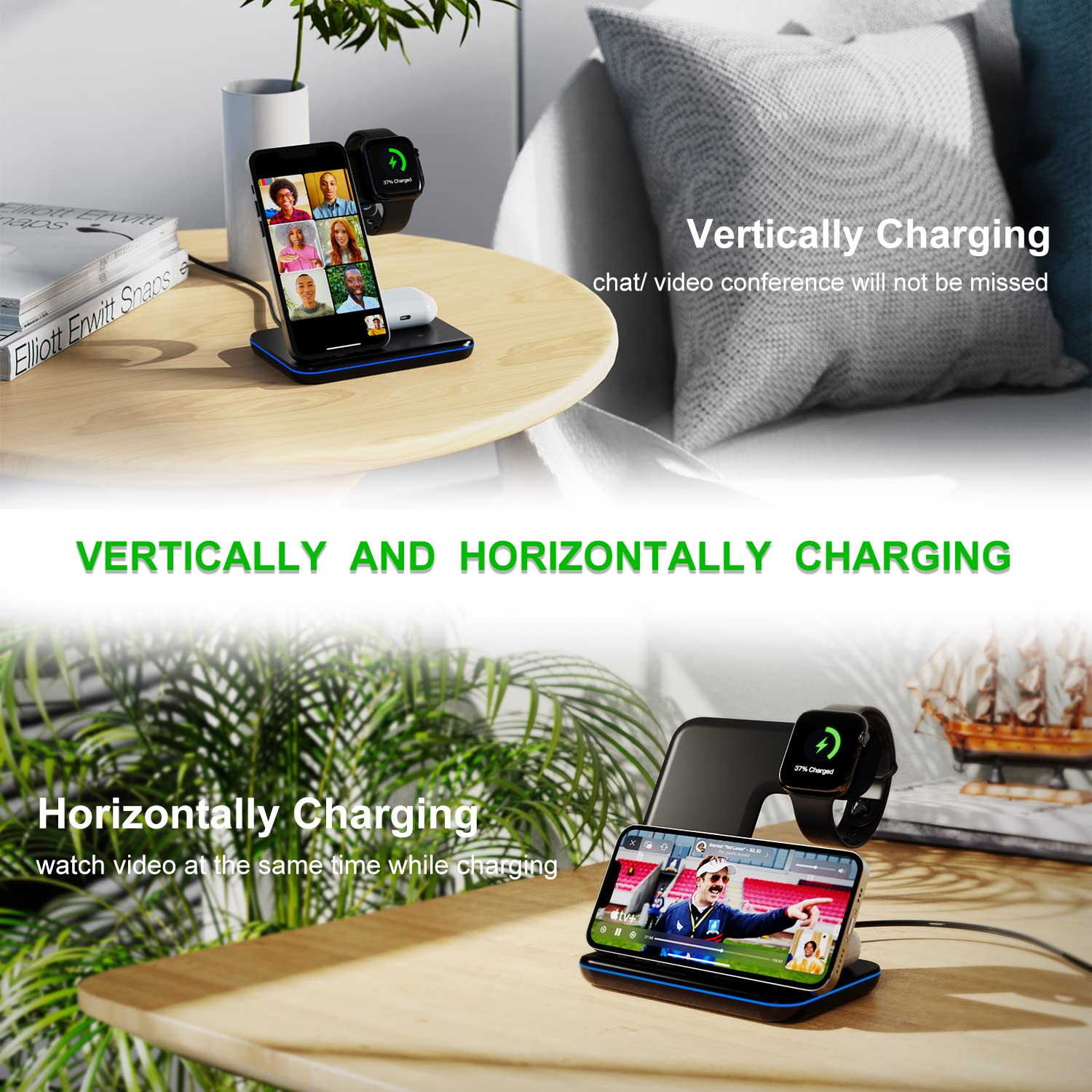 Minthouz 3 in 1 Wireless Charger, 18W Fast Wireless Charging Station for Multiple Devices Apple Watch, AirPods, Charger Stand Compatible with iPhone 15/14/13/12 Series - Black (with Adapter) - Medaid International