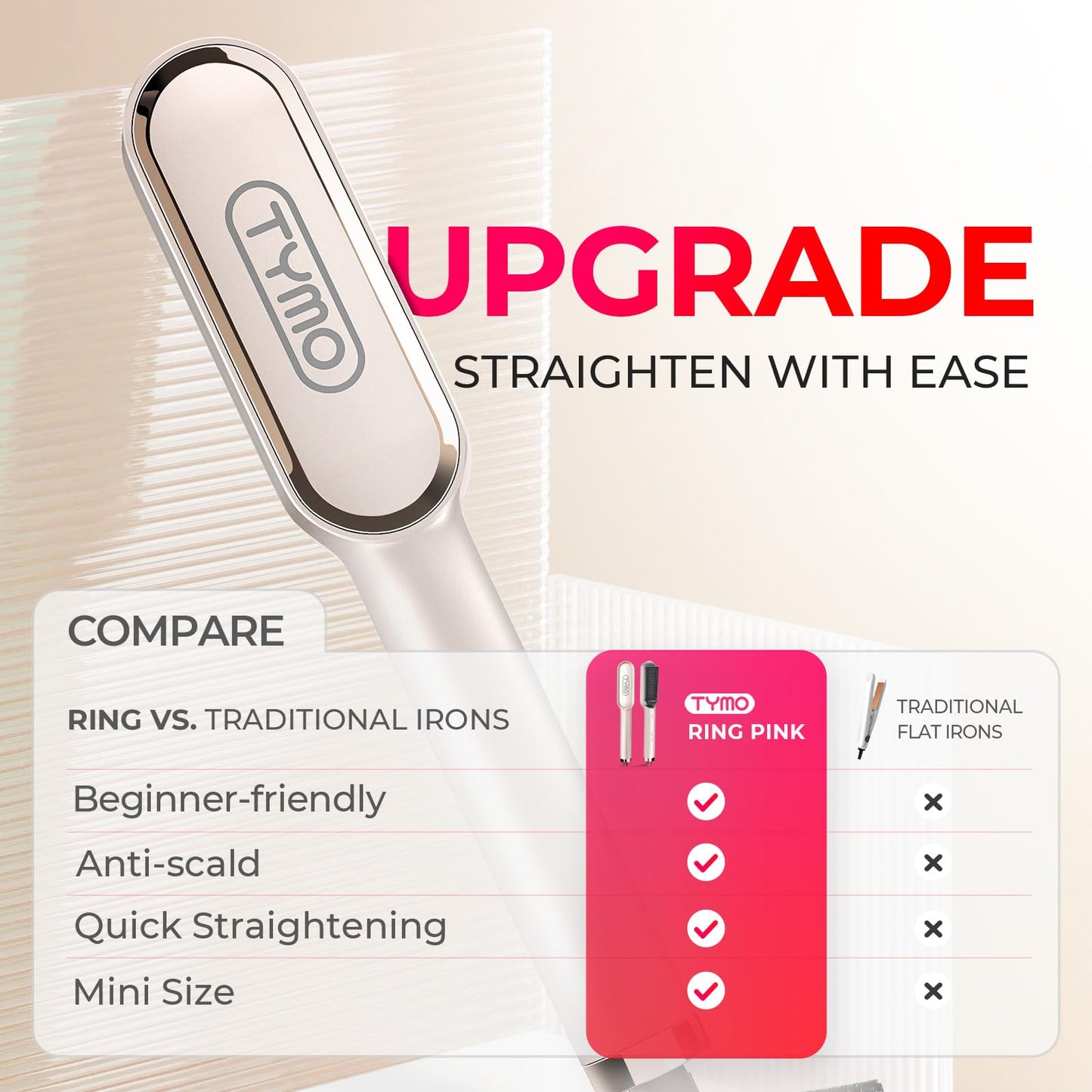Hair Straightener Brush, TYMO Ring Hair Straightener Comb Straightening Brush for Women with 5 Temps 20s Fast Heating & Dual Voltage, Gold - Medaid International