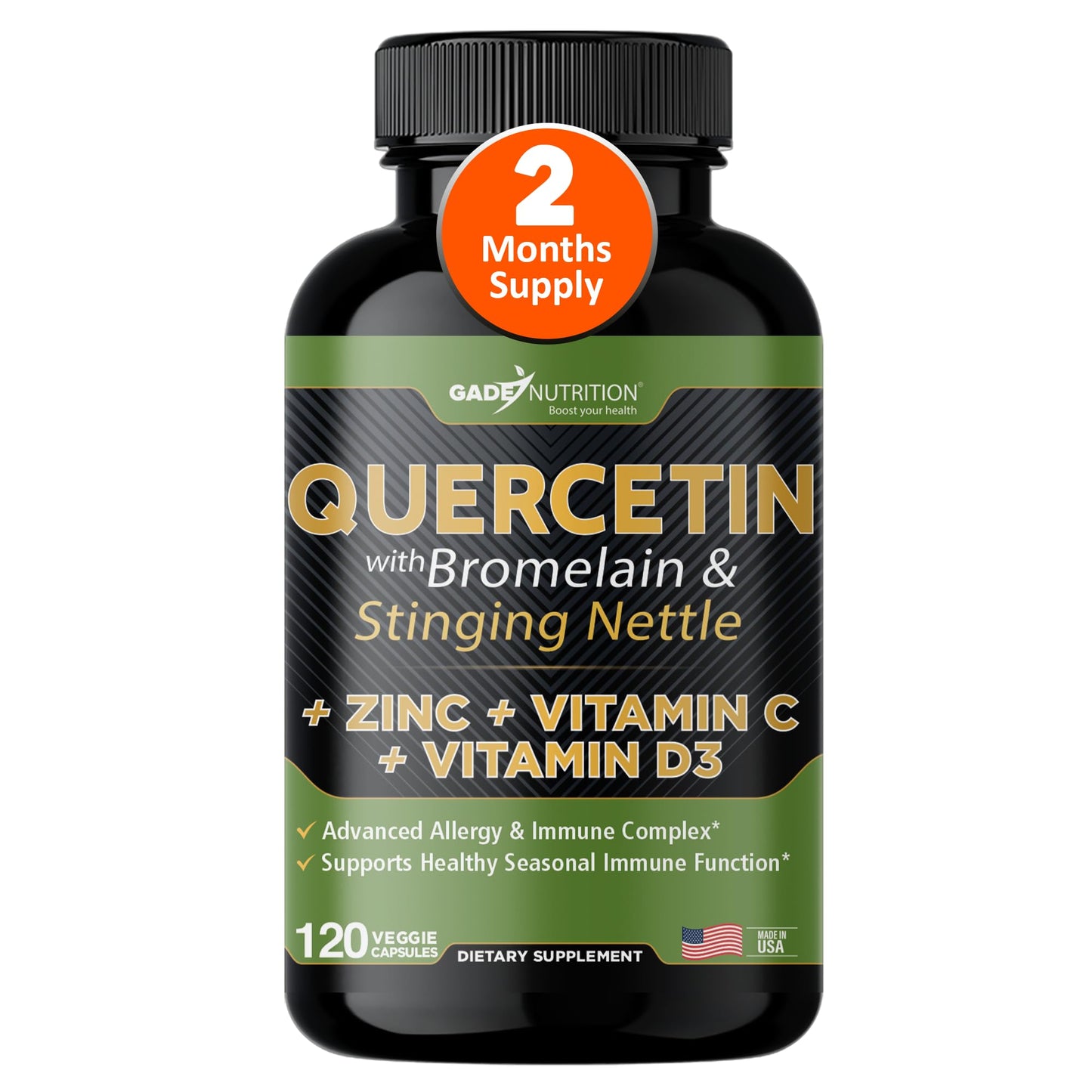 Quercetin with Vitamin C and Zinc - Nettle Quercetin - Quercetin 500mg - Quercetin with Bromelain - Zinc Quercetin + Vitamin D3 - 120 Veggie Caps - (Non-GMO, Gluten-Free, Vegan) - 2 Month Supply - Medaid International