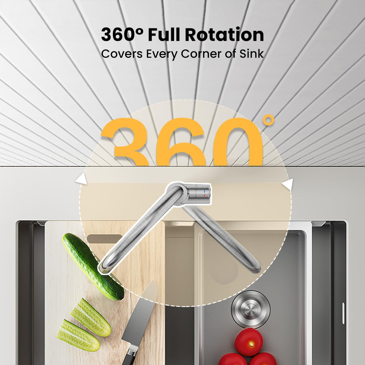 JOMOO Kitchen Faucet, 304 Stainless Steel High Arc 360° Swivel Spout, Single Handle Hot & Cold Mixer Tap, Easy-Clean Brushed Finish, Ceramic Disc Valve, 2 Stainless Steel Braided Hoses