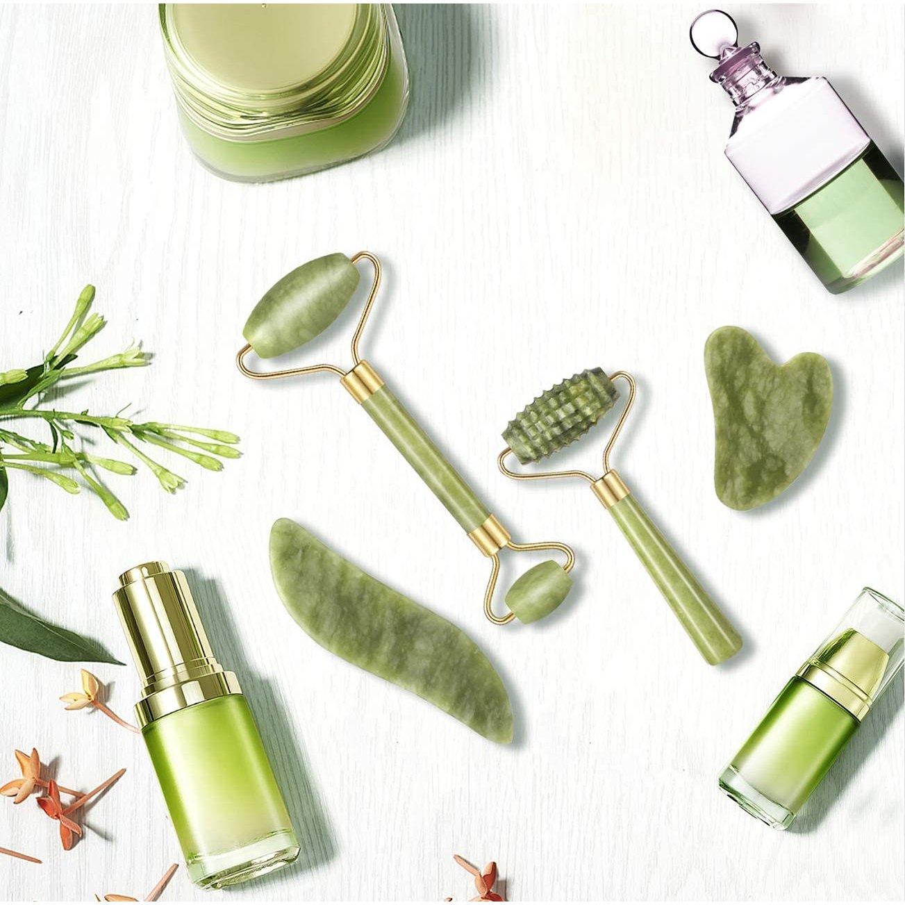4-pcs Jade Roller & Gua Sha Set, Facial Roller Massager with Gua Sha Scraping Tool, Jade Stone Massager for Anti-aging, Slimming & Firming, Rejuvenate Face and Neck, Remove Wrinkles & Eye Puffiness - Medaid International