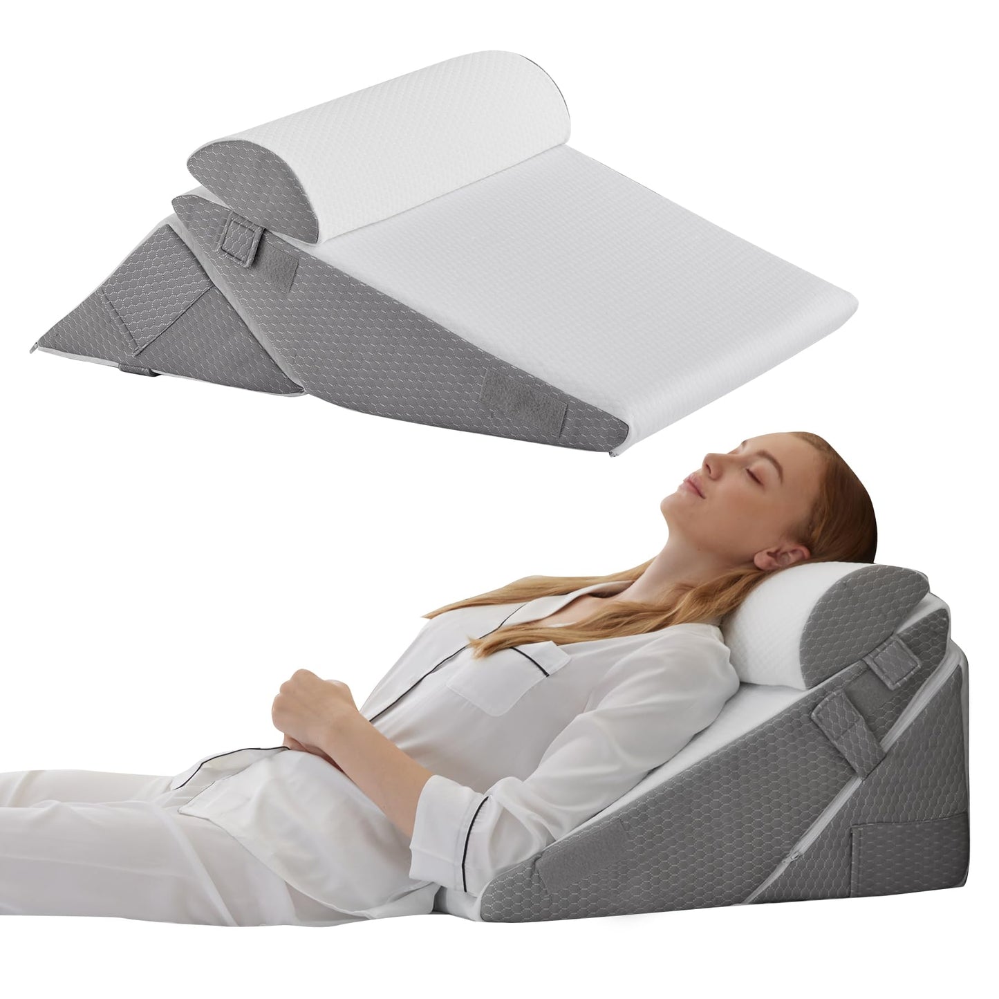 Bedluxe Wedge Pillow Headboard, 3PCS Orthopedic Bed Wedge Pillows Set for After Surgery, Adjustable Pillow Wedge for Acid Reflux&Back Pain Relief, Sleeping, Back Pillow for Bed Sitting Up, White/Grey - Medaid International