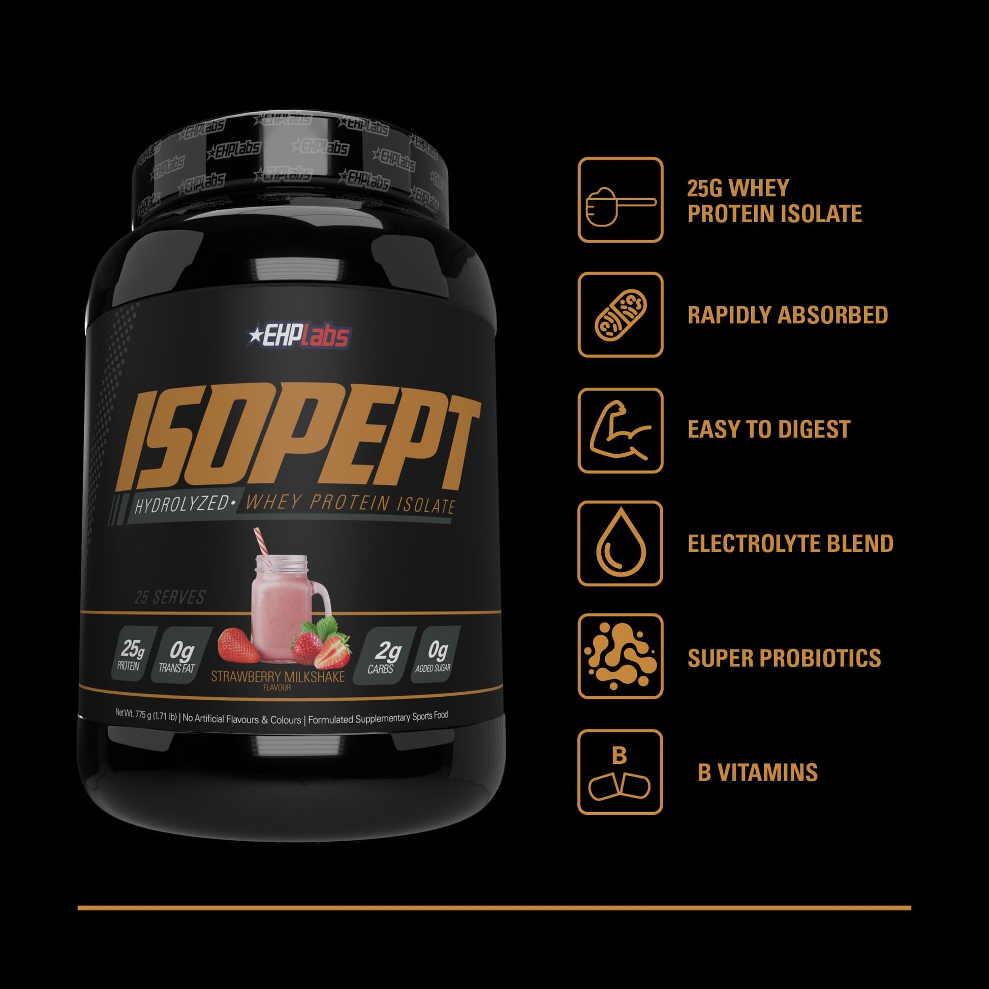 IsoPept Hydrolyzed Whey Protein Powder by EHPlabs - 100% Whey Protein Isolate & Hydrolysate, 27g of Protein, Non-GMO, Gluten Free, Fast Absorbing, Easy Digesting, 27 Serves (Strawberry Milkshake) - Medaid International