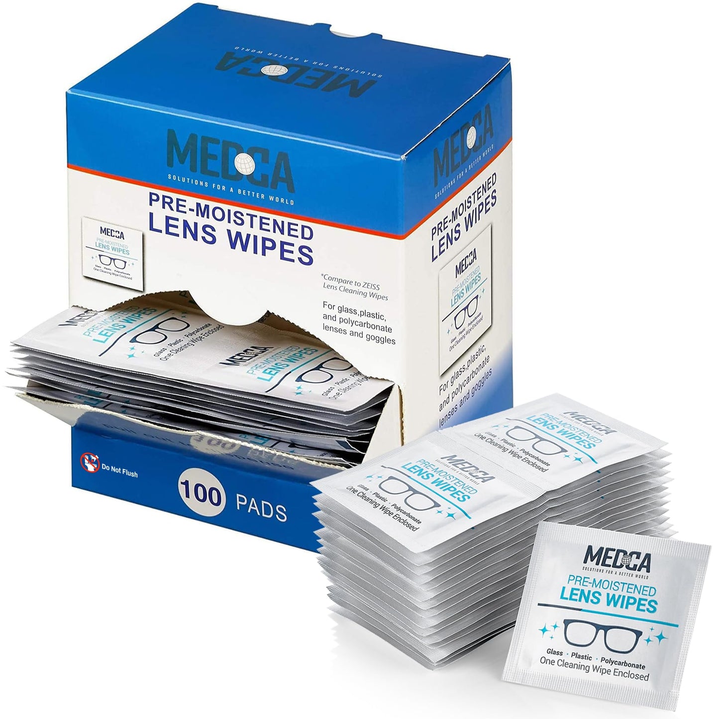 Premoistened Lens and Glass Cleaning Wipes - Portable Travel Cleaner for Glasses, Camera, Cell Phone, Smartphone, and Tablet - Disposable, Quick Drying, Streak Free - Individually Wrapped, Pack of 100 - Medaid International
