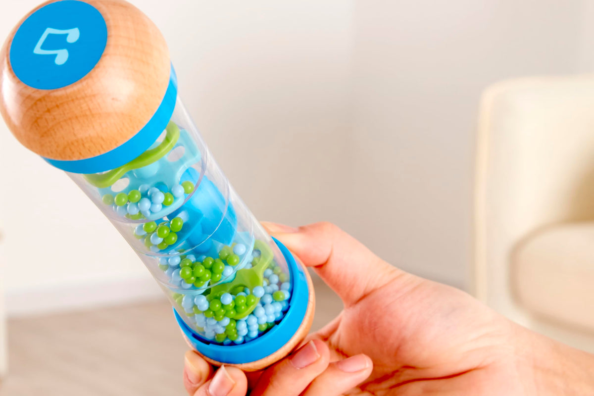 Hape Beaded Raindrops | Mini Wooden Musical Shake & Rattle Rainmaker Toy, Blue,E0328B