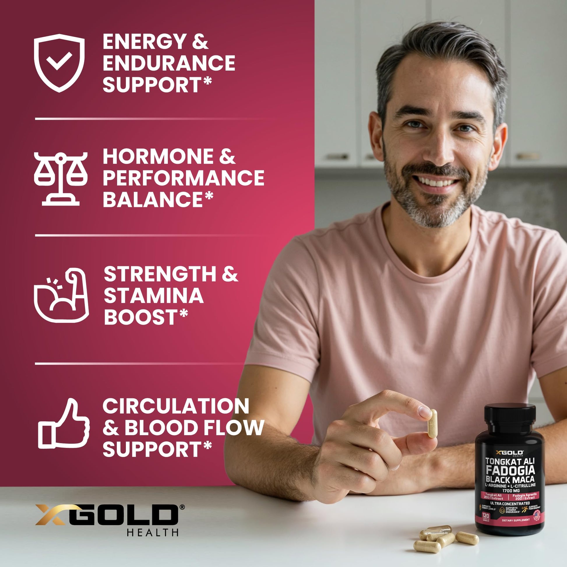 X Gold Health Tongkat Ali + Fadogia Agrestis + Black Maca – Energy, Vitality & Stamina Booster for Men & Women Made in USA - Medaid International