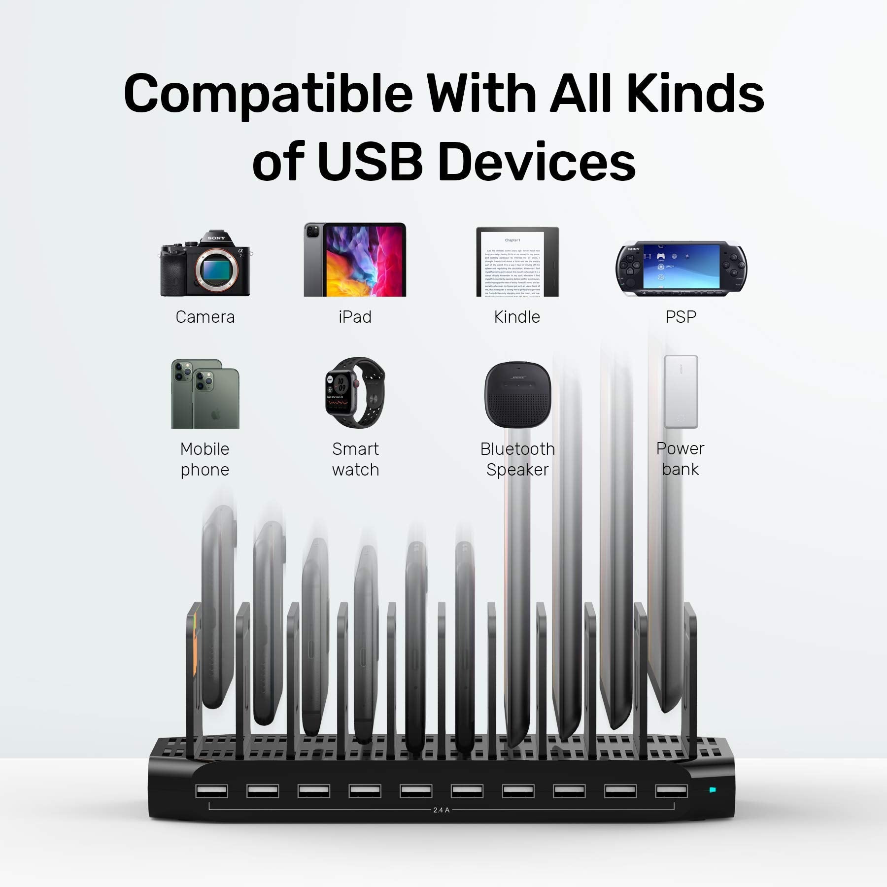 Unitek USB Charging Station, 10 USB Fast Ports Charge Docking Station and Adjustable Dividers, Multi Device Charger Organizer Compatible with iPad, iPhone, Tablet and Cell Phone - Medaid International
