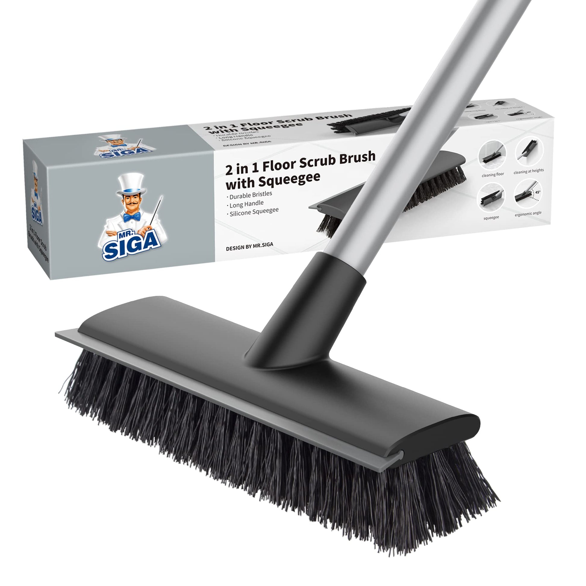 MR.SIGA Floor Scrub Brush with Long Handle, 2 in 1 Scrubber and Squeegee for Cleaning Bathroom, Patio, Garage, Wall, Tile with Stiff Bristles - Medaid International