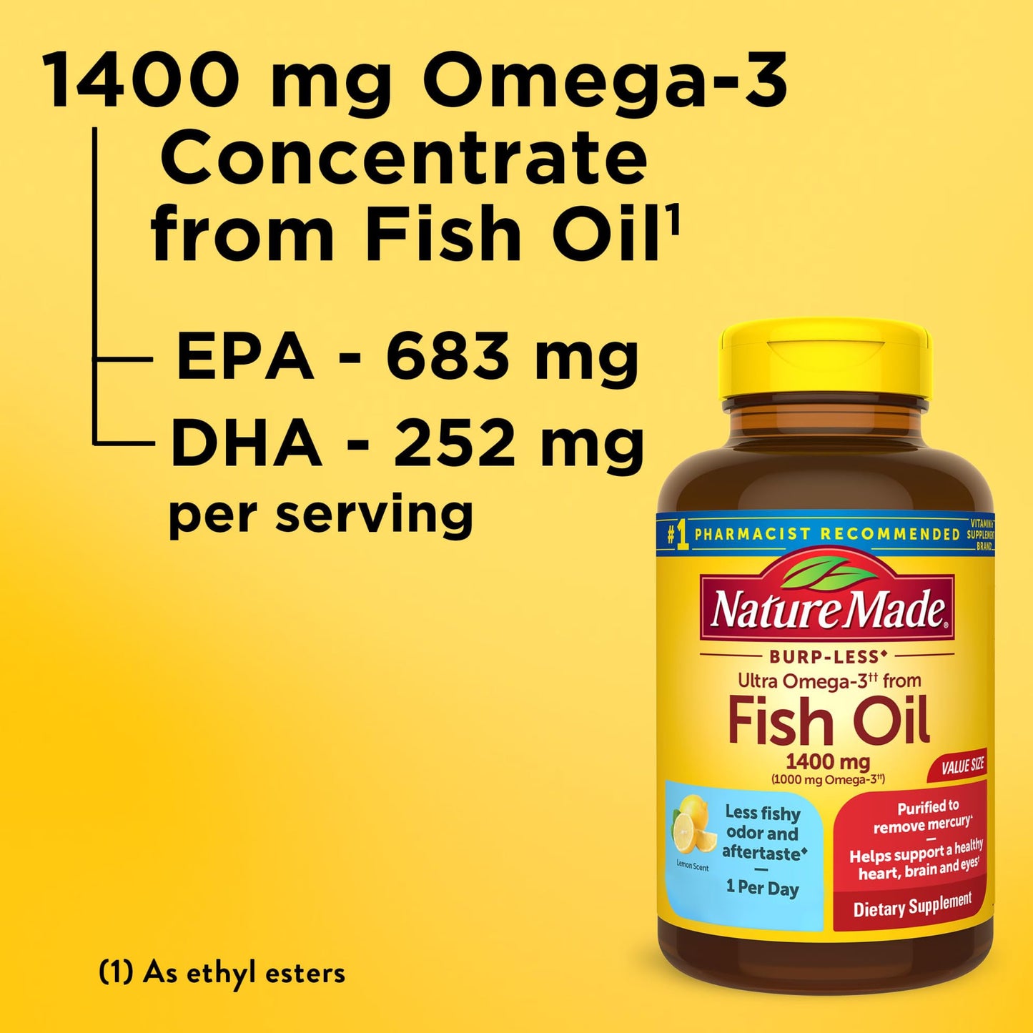 Nature Made Burp Less Ultra Omega 3 Fish Oil Supplements, 1400mg Fish Oil Omega 3 Supplements as Ethyl Esters for Healthy Heart Brain Eyes Support, One Per Day, 90 Softgels - Medaid International