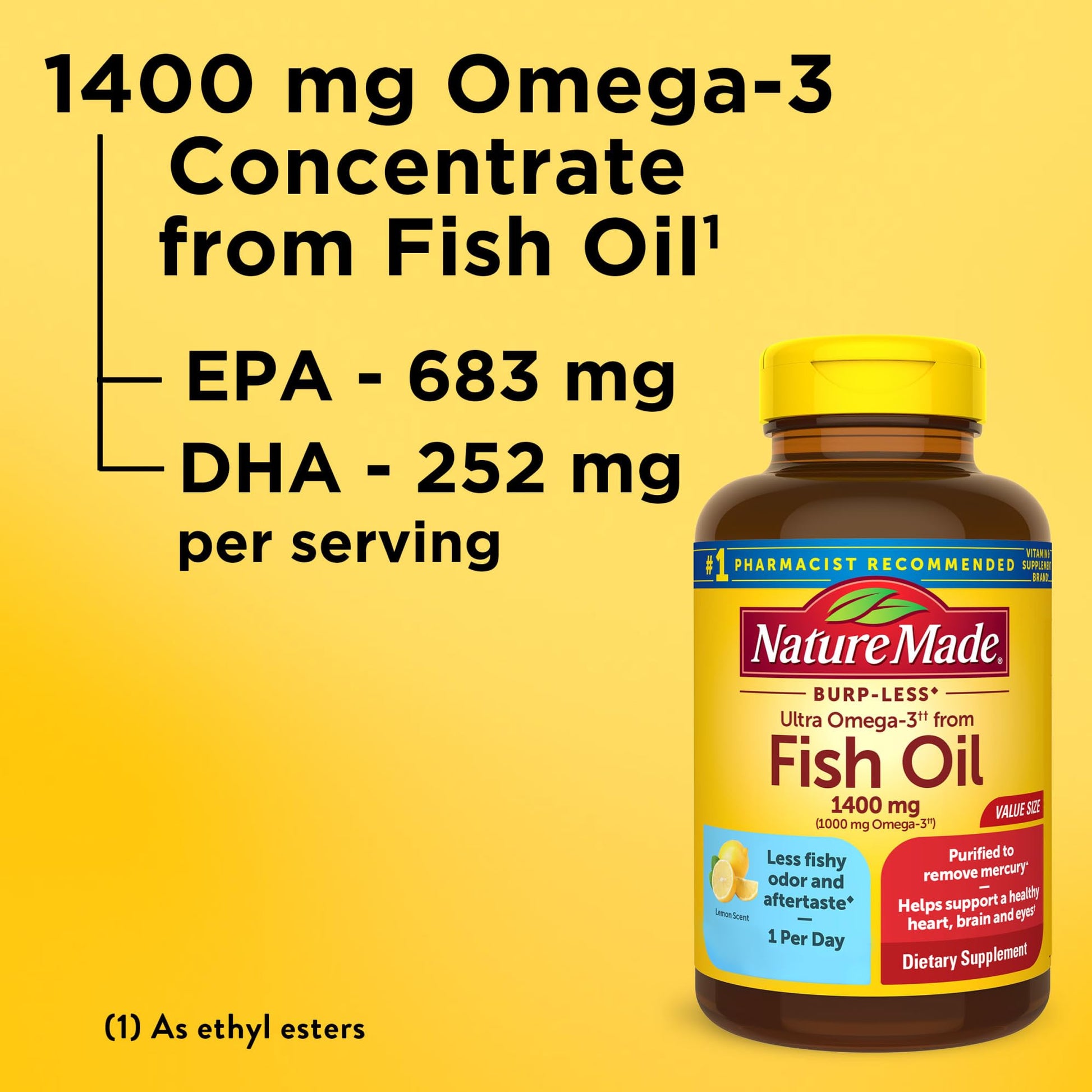 Nature Made Burp Less Ultra Omega 3 Fish Oil Supplements, 1400mg Fish Oil Omega 3 Supplements as Ethyl Esters for Healthy Heart Brain Eyes Support, One Per Day, 90 Softgels - Medaid International