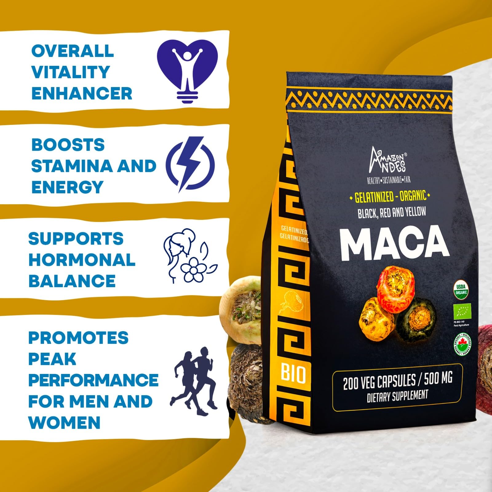 Premium Black, Red & Yellow Maca Capsules l 3000mg Serving for Increased Energy Levels & Physical Performance l Powerful Antioxidant & Immune System Booster l 100% Natural and Organic l Amazon Andes - Medaid International